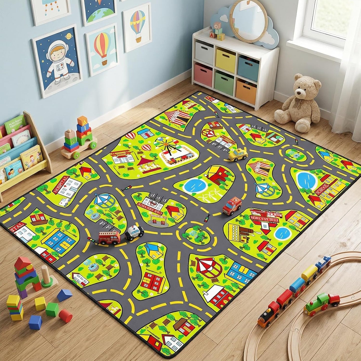 5x7 ft Kids Car Rug - Large Blue Traffic Road Play Mat for Cars, Educational City Play Carpet for Playroom, Nursery & Bedroom Decor