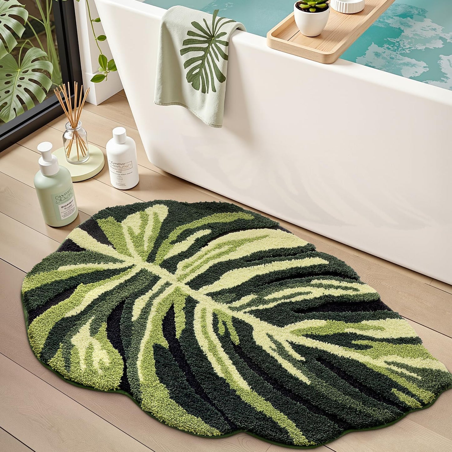 LUMI Cute Bathroom Rugs with Green Leaf Plant, Soft, Fluffy, Plush, Absorbent, Quick Dry, Non Slip, Machine Washable for Shower Floor, Bathroom, Bedroom, Kids Room, 31.5"x47", Monstera