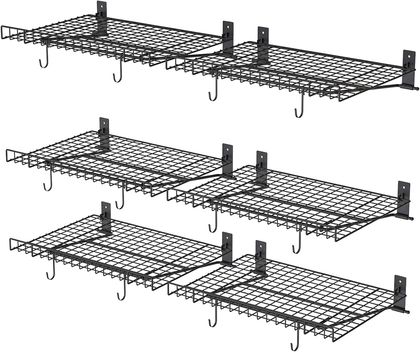 4 Pack Garage Wall Shelf, Garage Wall Mounted Shelving, Heavy Duty Floating Shelves With 8 Hooks, Loads 180 LBS Black Wall Shelves Mesh Storage Rack for Office, Basement, Wall Cabinet and Kitchen