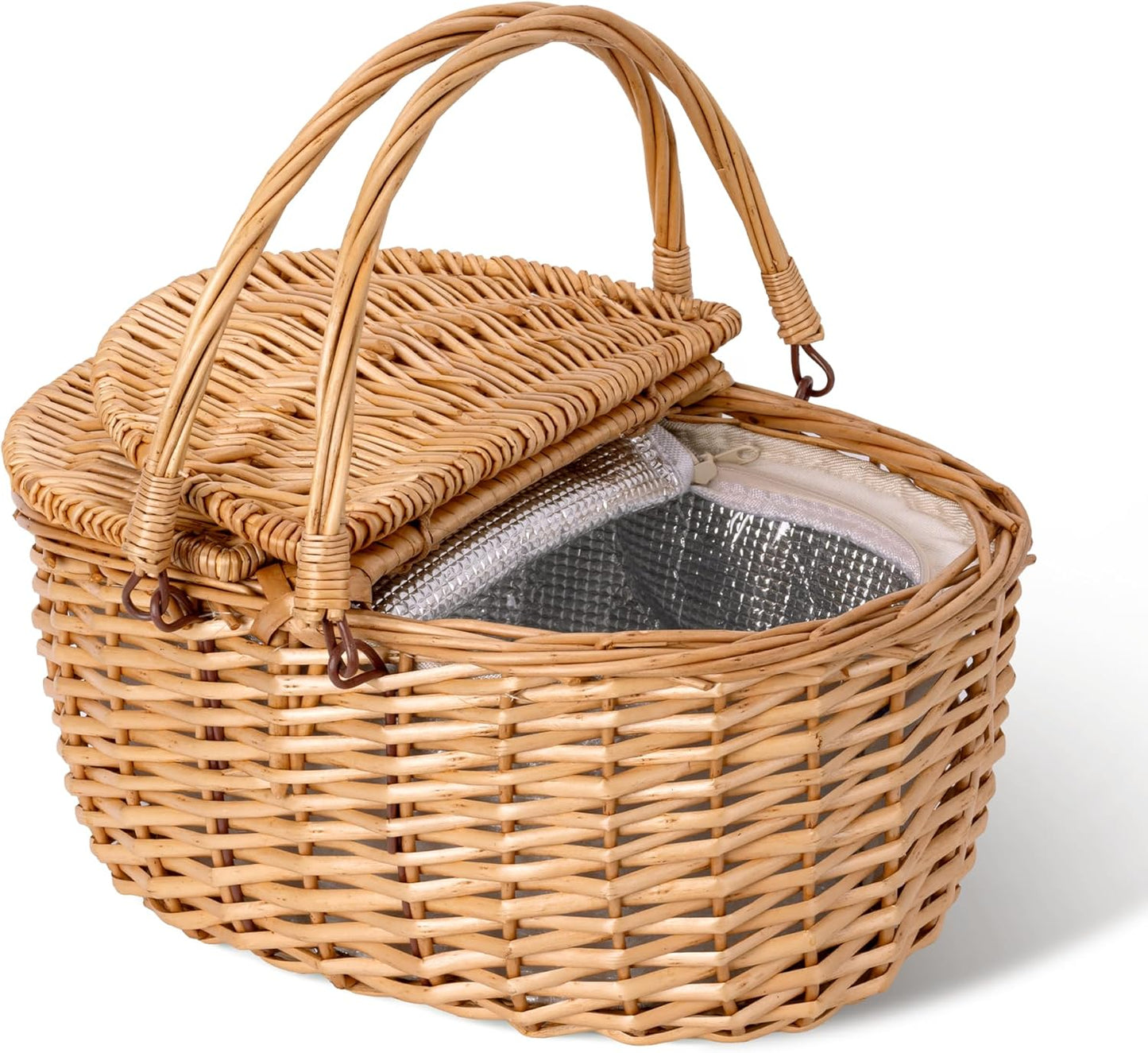 GRANNY SAYS Picnic Basket, Wicker Basket with Lid, Woven Cute Basket with Handle, Storage Basket with Washable Lining & Dual-Flid Lid, Natural Willow Picnic Hamper, White Lining