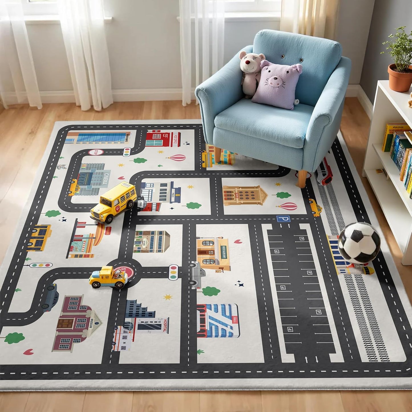 5x7ft Kids Town Road Play Rug - Non-Slip Faux Wool Carpet with Interactive City Map Design, Educational Toy Vehicle Mat for Kids, Bedroom Playroom Nursery Gift.
