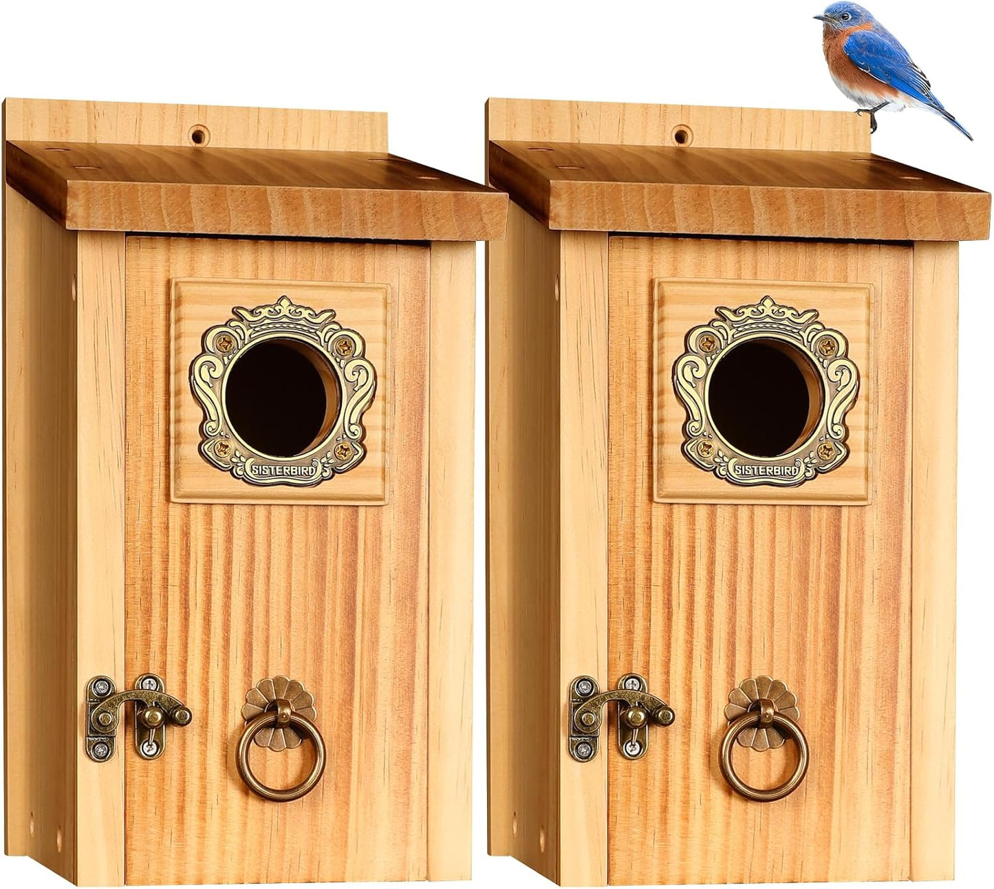 SISTERBIRD 2 Pack Bird Houses for Outside Clearance with Copper Guard, Cedar Bird House Outdoor, Bluebird Finch Swallow Wren Chickadee Assembly Required