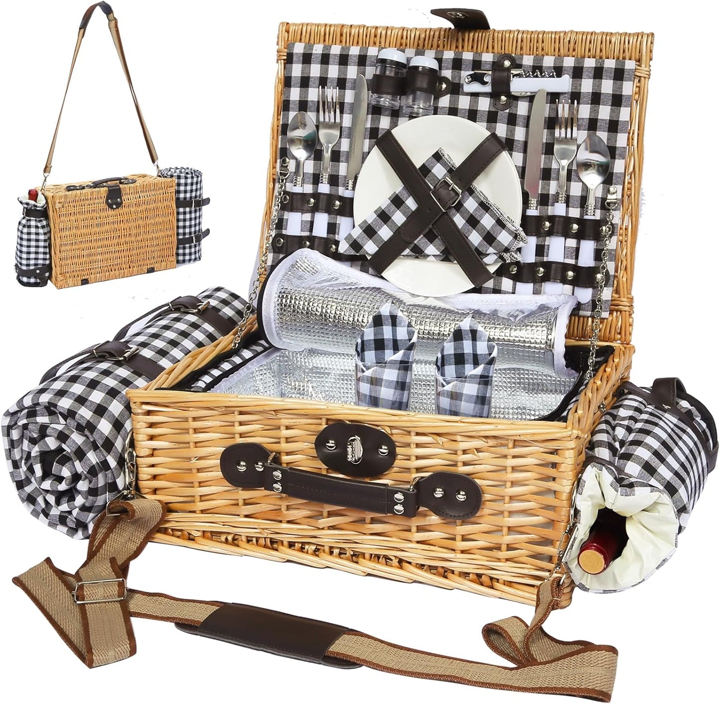 Picnic Basket for 4 Persons with Waterproof Picnic Blanket and Insulated Cooler, Large Wicker Picnic Basket for Camping, Outdoors, Valentine's Day, Christmas, Birthday, Wedding Gift