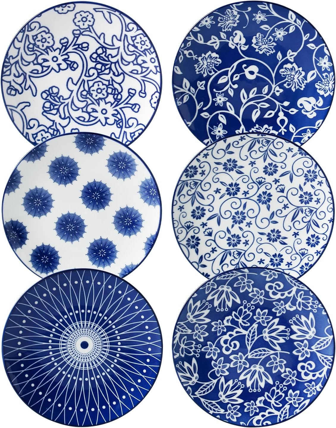 Ceramic Salad Plates Set - 8.5 Inch Small Round Dessert Dishes for Kitchen Dinner Pasta Appetizer Sandwich - Scratch Resistant Porcelain Microwave Oven Dishwasher Safe - Set of 6 - Vintage Blue