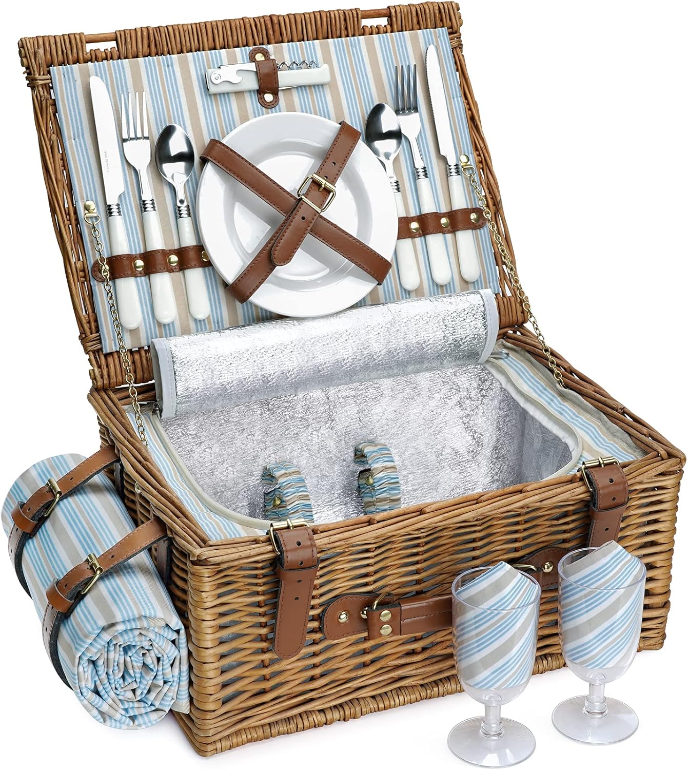 HappyPicnic Wicker Picnic Basket Set for 4 Persons | Large Willow Hamper with Large Insulated Cooler Compartment, Waterproof Blanket and Cutlery Service Kit-Classical Brown