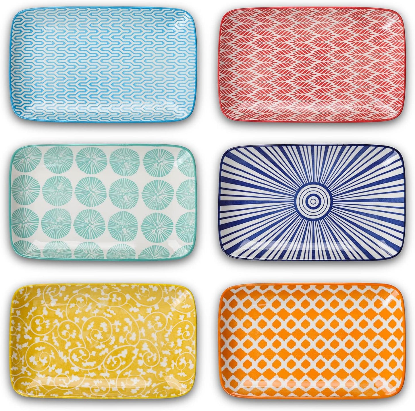 Selamica Ceramic 8 inch Rectangular Salad Plates, Dinner Plates, Pasta Dessert Plates for Appetizer, Sushi, Fruit - Microwave/oven/Dishwasher Safe, Set of 6, Vintage Blue