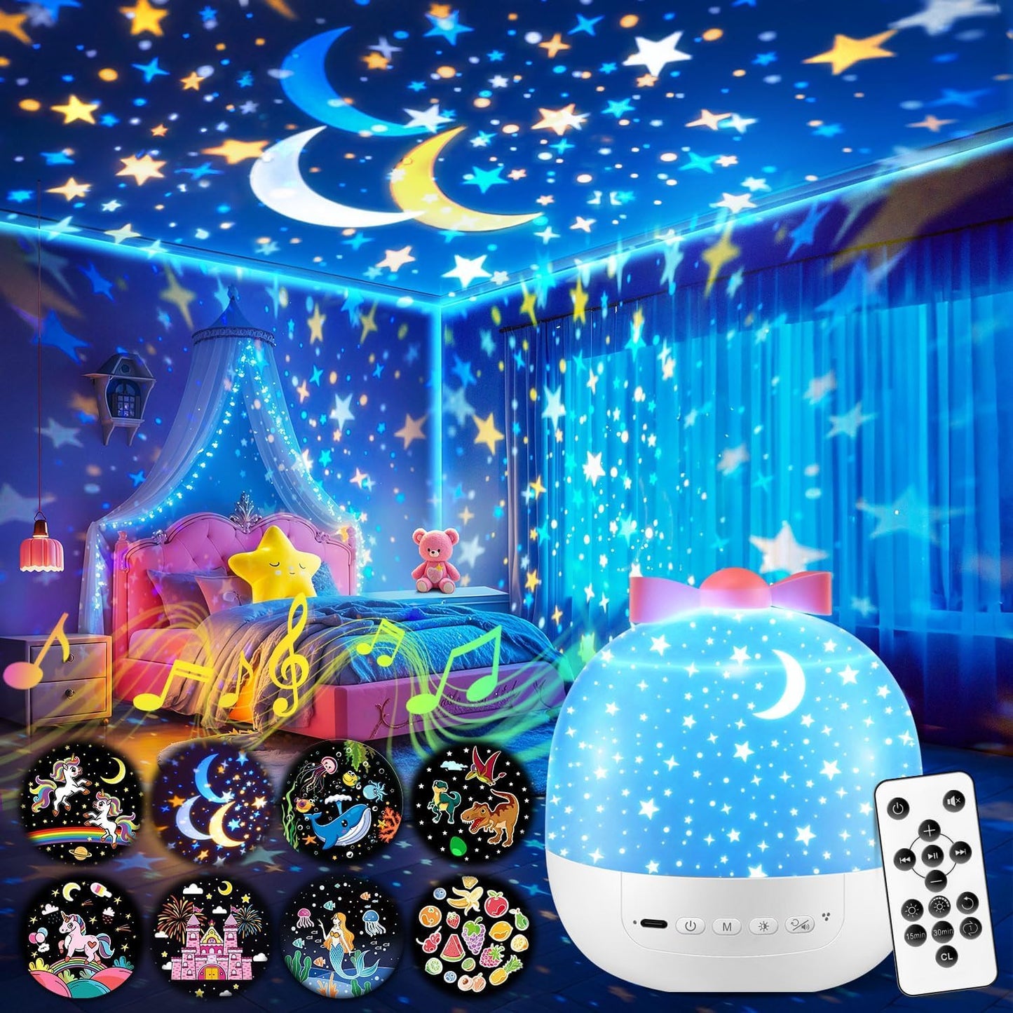 Pikoy Unicorn Toys for Girls Gifts, 15 Films+15 Lullaby Sound Machine for Kids Night Light Projector, Remote+Rechargeable Night Light for Kids Gifts, 360 °Rotation Princess Mermaid Toddler Girl Toys