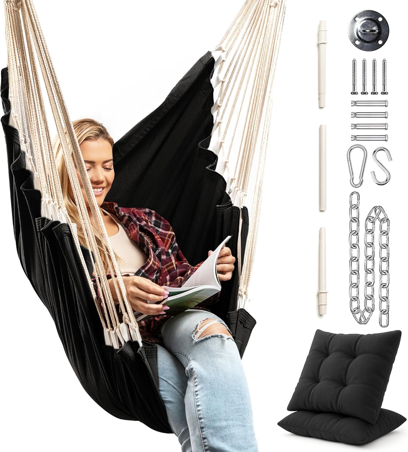 Hanging Hammock Chair Swing – Hanging Chair Outdoor & Indoor - Hammock Swing Chair – Quick & Easy Setup with Hardware Kit – Durable & Spacious Full Body Support – Holds 440 Lbs