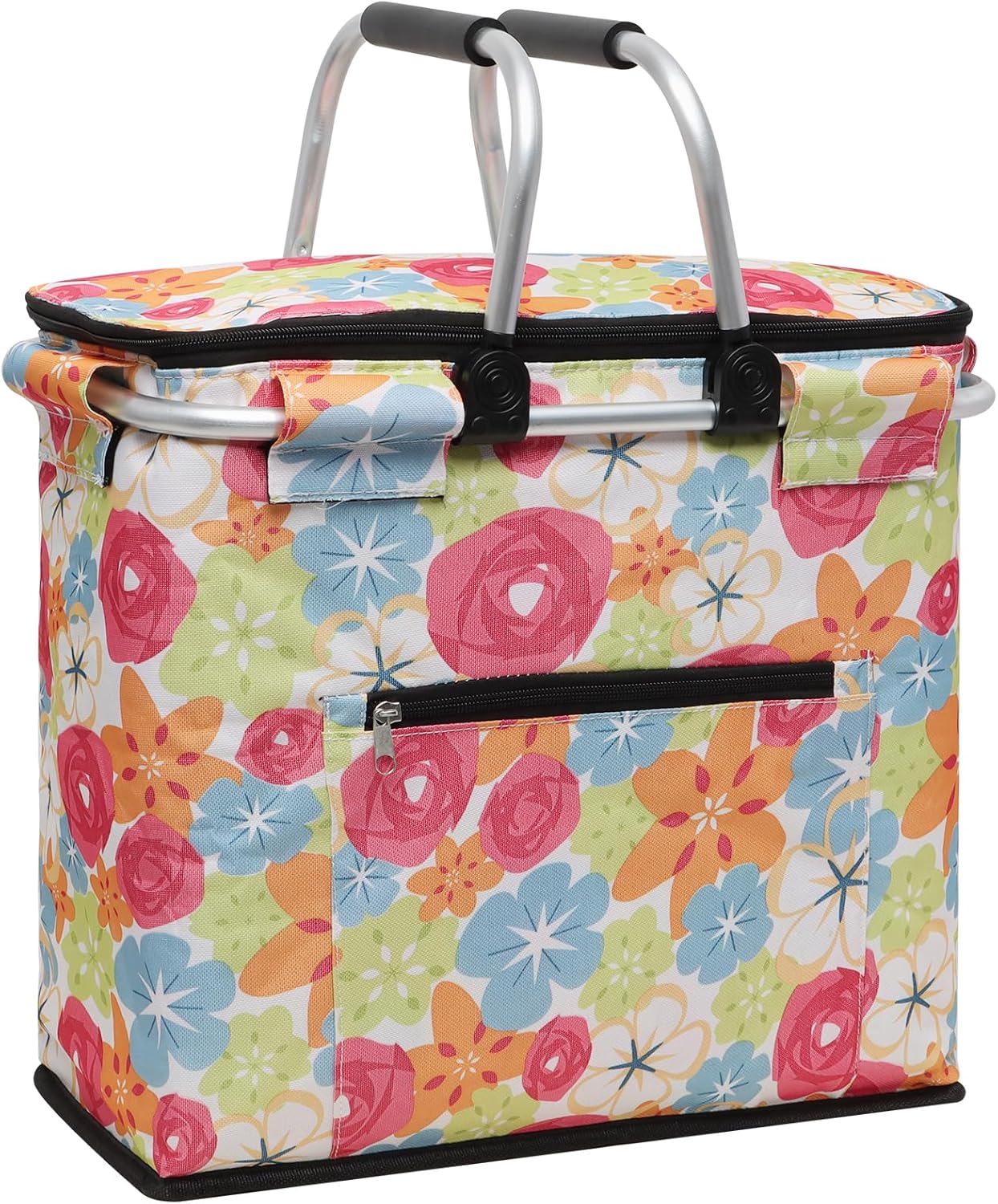 Insulated Picnic Basket,Leak-Proof Collapsible Cooler Bag,26L Grocery Basket with Lid,2 Sturdy Handles,Storage Basket for Picnic,Food Delivery,Take Outs,Market Shopping,Travel (Blue)