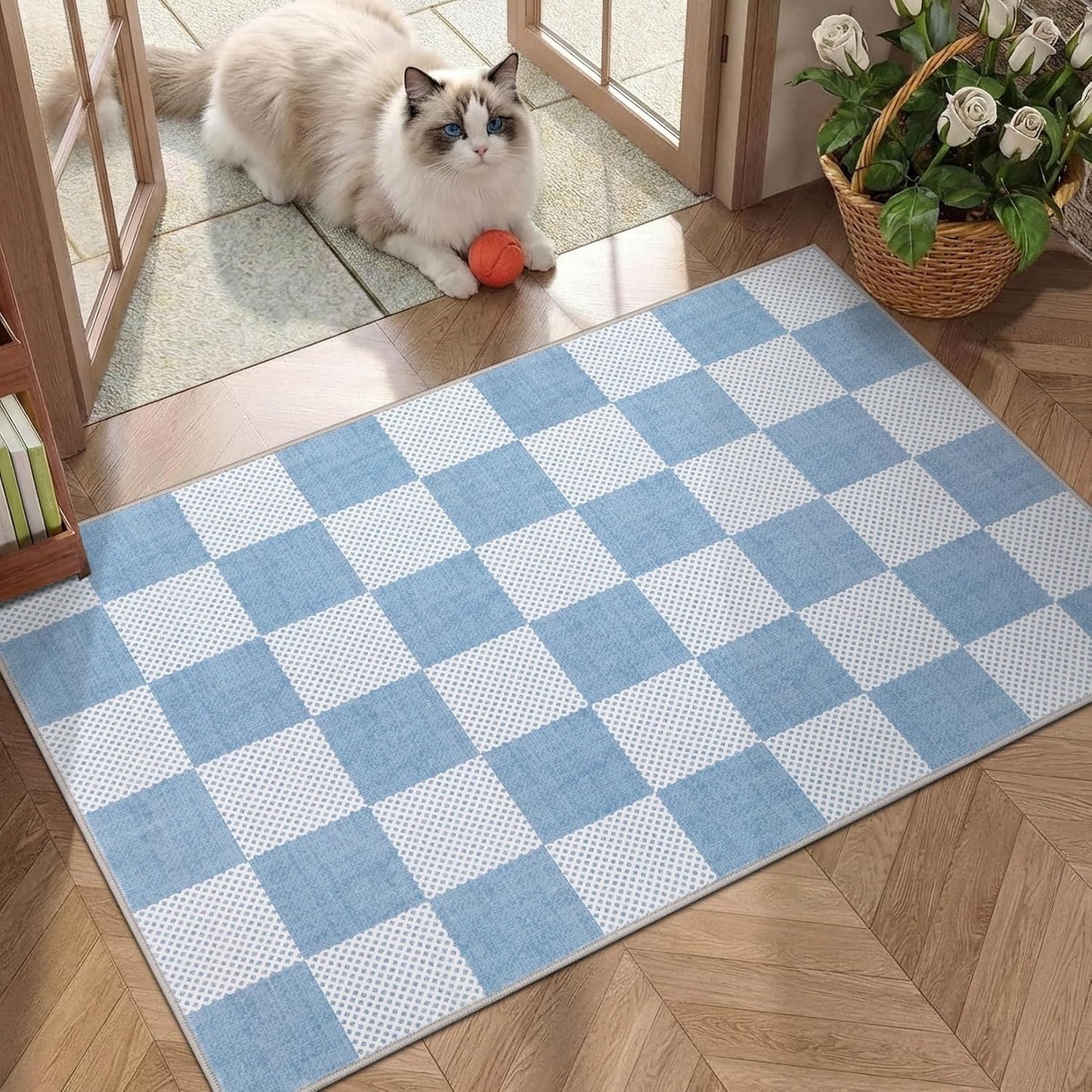 Checkered Sage Green 4x6 Washable Rug Geometric Diamond Dot Modern Soft Low-Pile Girls Small Rug for Bedroom Nursery Living Room Entryway Non-Slip TPE Backing