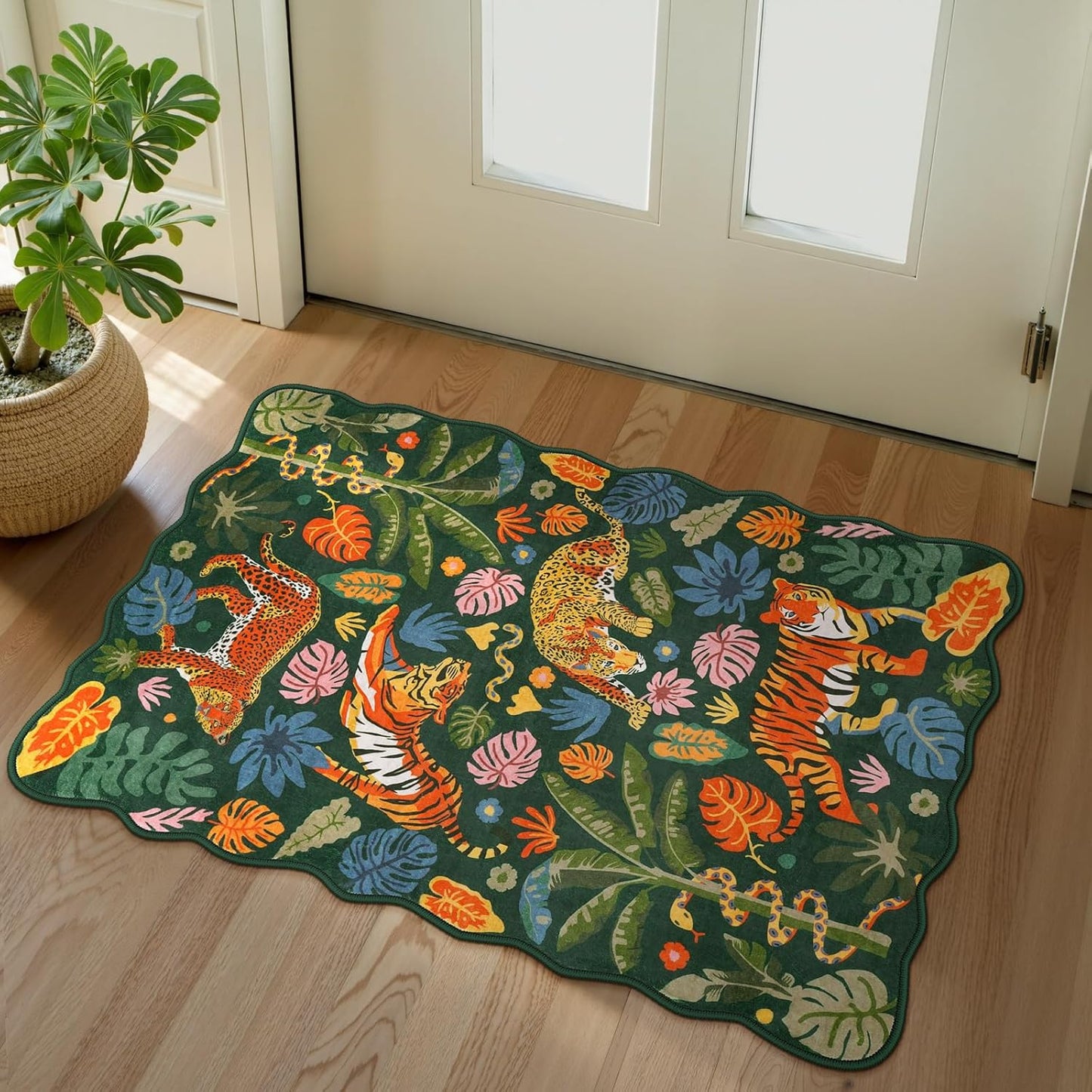 LEEVAN Jungle Animal Nursery Rugs 5x7, Washable Green Tiger Living Room Rugs Non Slip Scalloped Tiger Bedroom Rug, Low Pile Leopard Floor Carpet Leaf Print Kids Rug