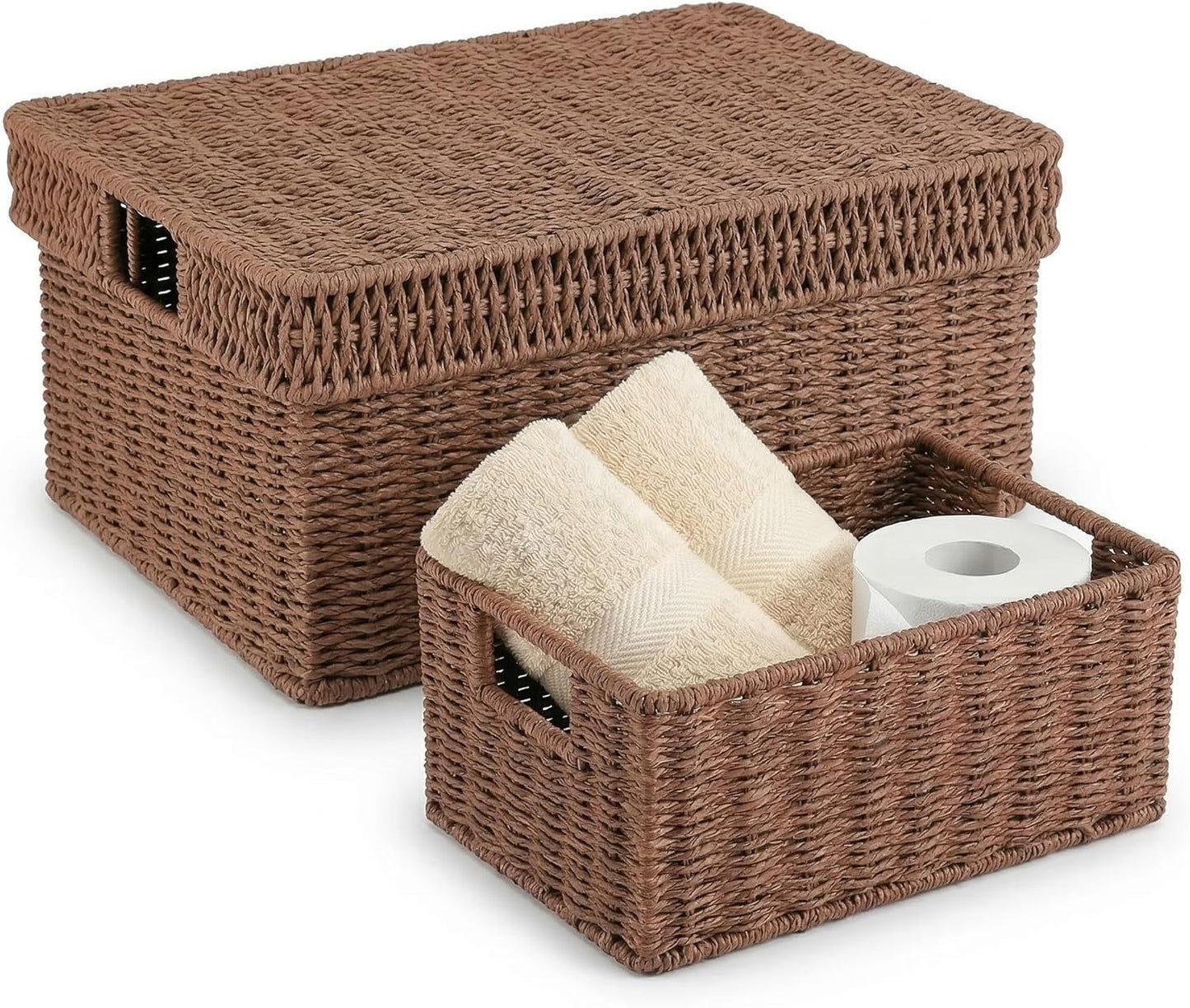 Wicker Storage Basket with Lid - Woven Storage Basket for Organizing,Rectangular Decorative Boxes Bins with Lids for Shelves, living room, Nursery, 2-Piece Set(Natural)