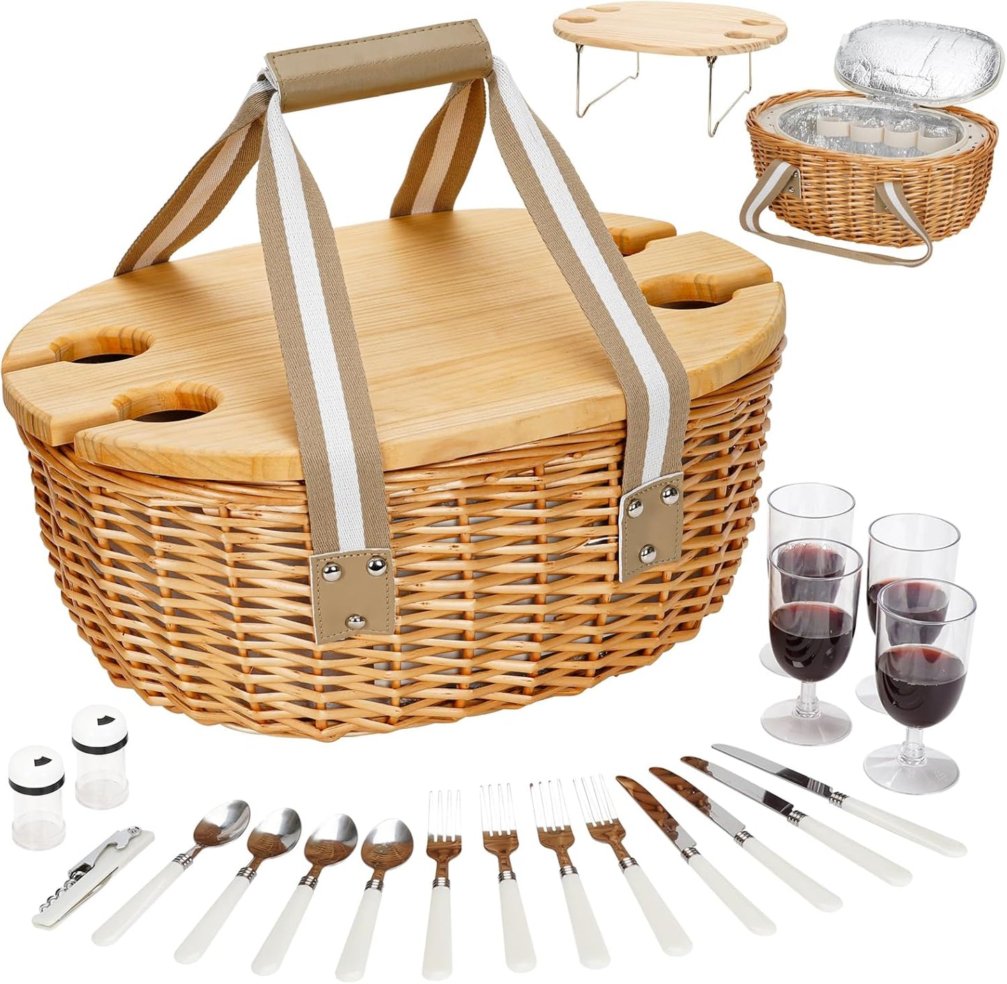 STBoo Picnic Basket for 4, Insulated Wicker Hamper with Folding Table, Willow Picnic Baskets Set with Large Insulated Cooler Bag for Camping Outdoor (Stripe)