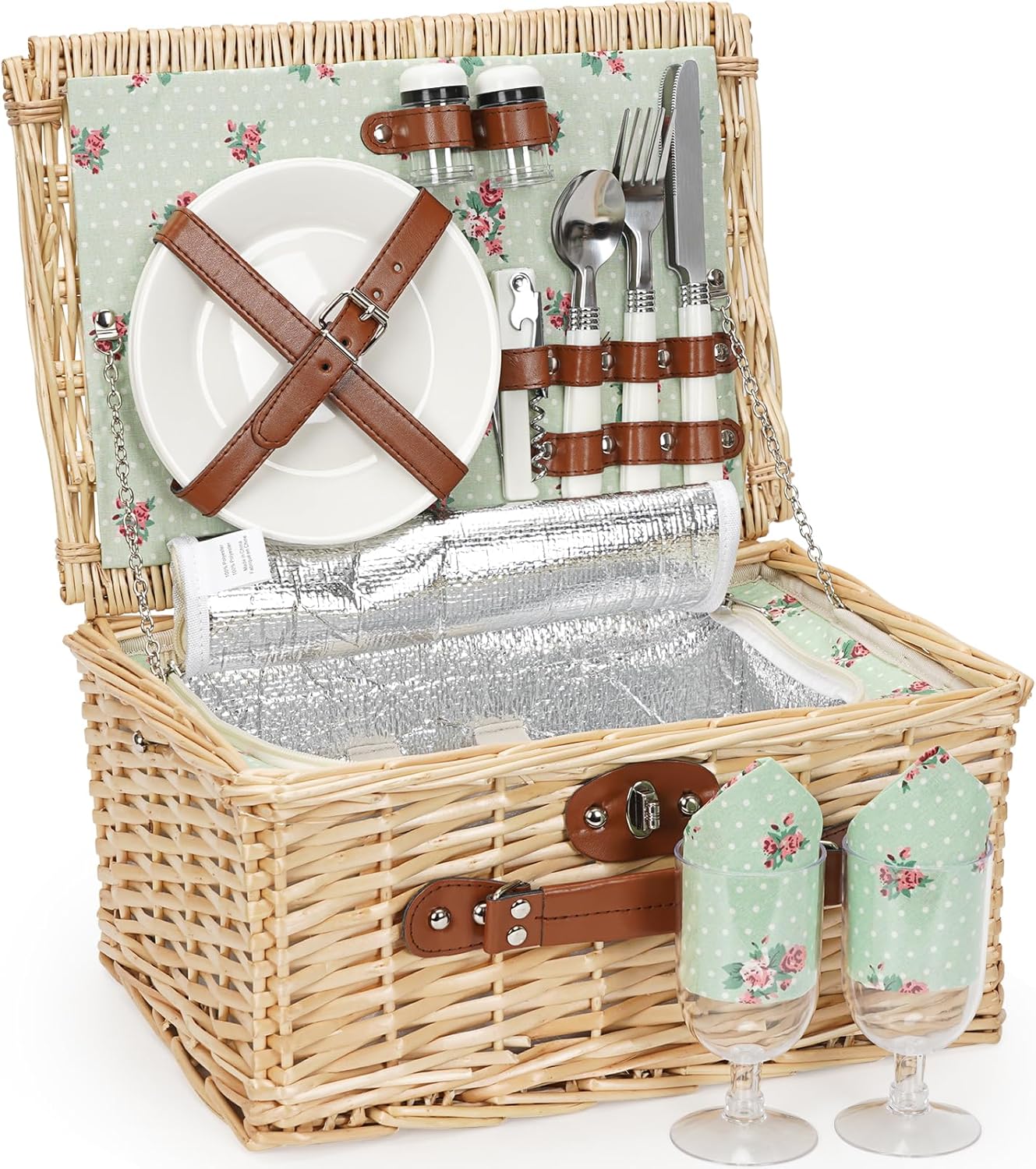 ZORMY Wicker Picnic Basket for 2 Person, Willow Hamper Basket Sets with Insulated Compartment, Handmade 2 Person Picnic Basket Classical Red Check with Utensils Cutlery Perfect for Picnic, Camping
