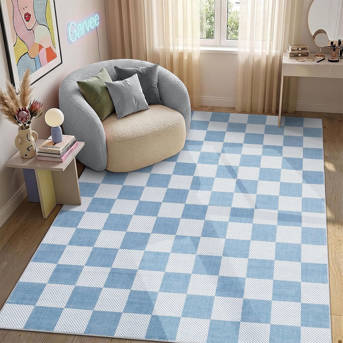 Checkered Sage Green 4x6 Washable Rug Geometric Diamond Dot Modern Soft Low-Pile Girls Small Rug for Bedroom Nursery Living Room Entryway Non-Slip TPE Backing