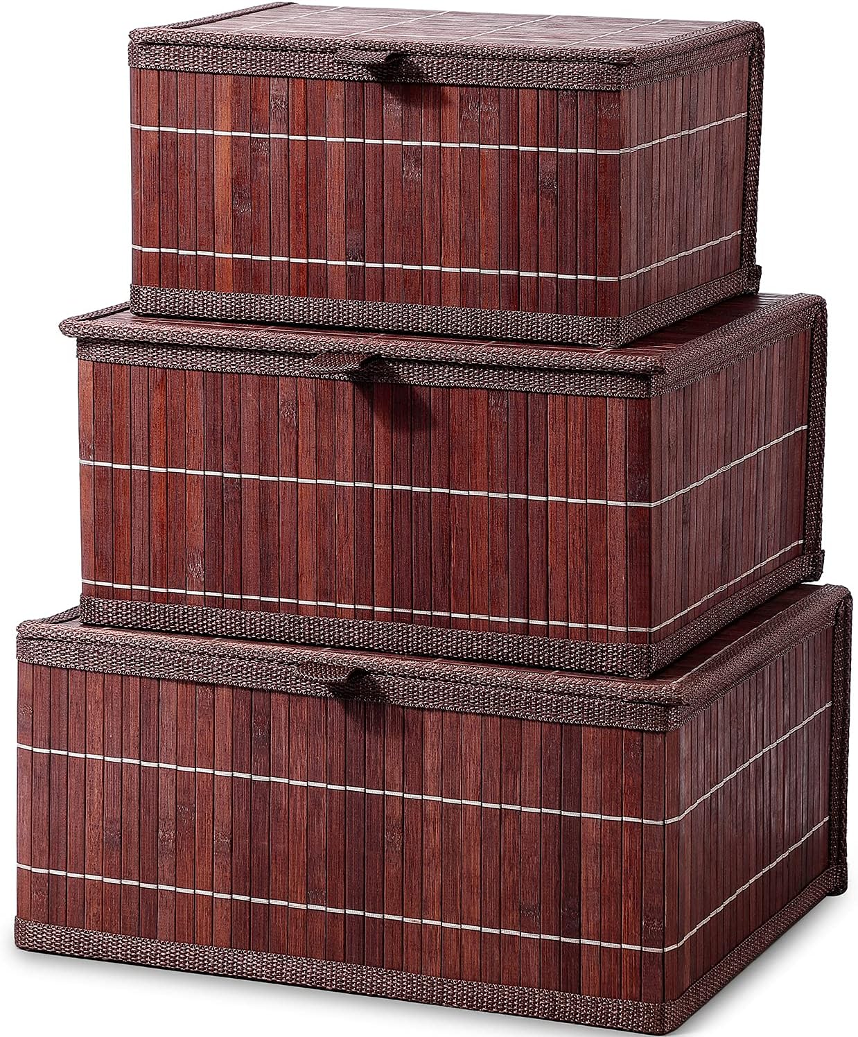 Honygebia Bamboo Decorative Storage Boxes - Set of 3 Woven Lined Storage Basket with Lids, Beige Wicker Lidded Baskets for Home Kitchen Shelf Organizer Decor