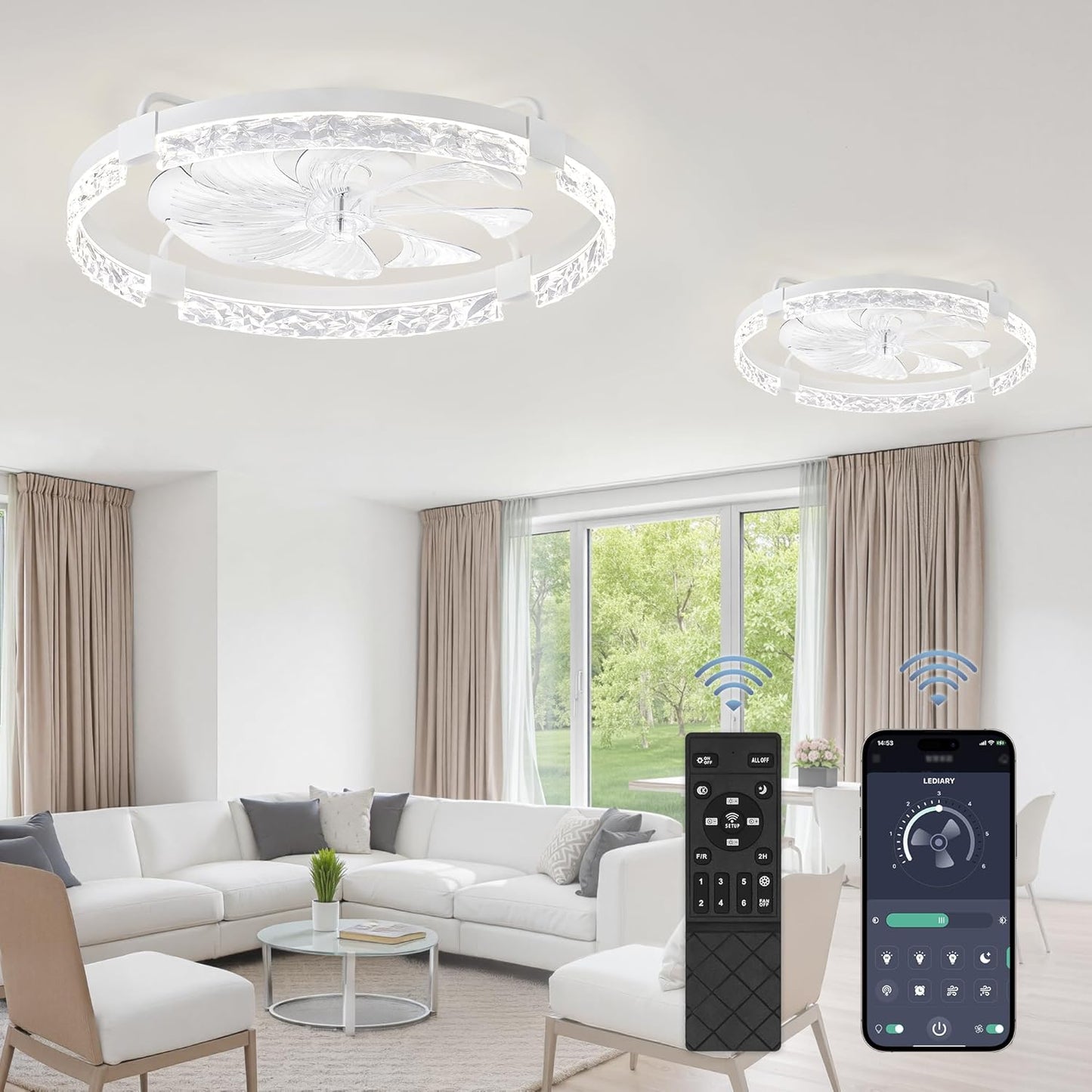 LEDIARY 20 Inch Low Profile Ceiling Fans with Lights and Remote, Fandelier Ceiling Fan Flush Mount, 3000K-6000K Dimmable LED Fan Light, White Modern Ceiling Fans with Lights for Bedroom