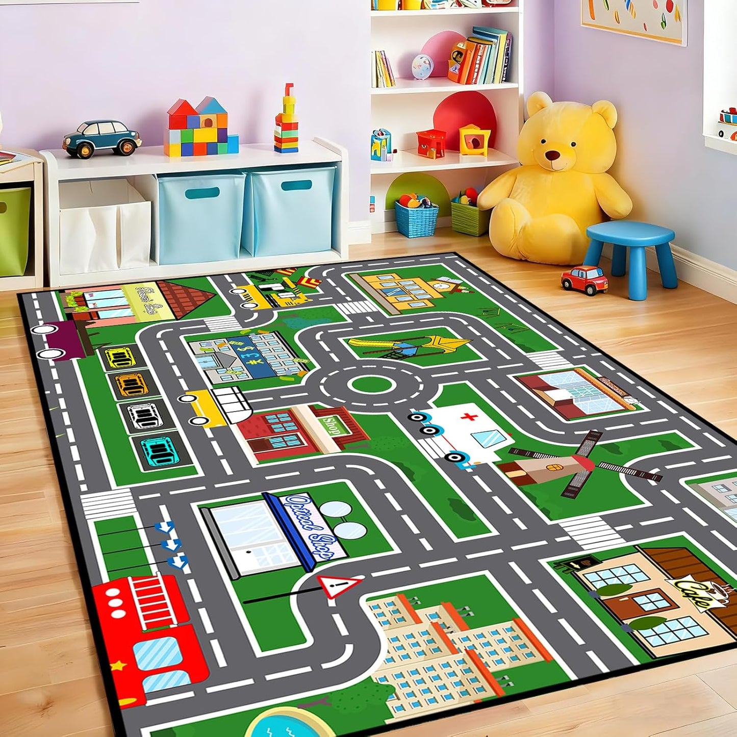5x7 ft Kids Car Rug - Large Blue Traffic Road Play Mat for Cars, Educational City Play Carpet for Playroom, Nursery & Bedroom Decor