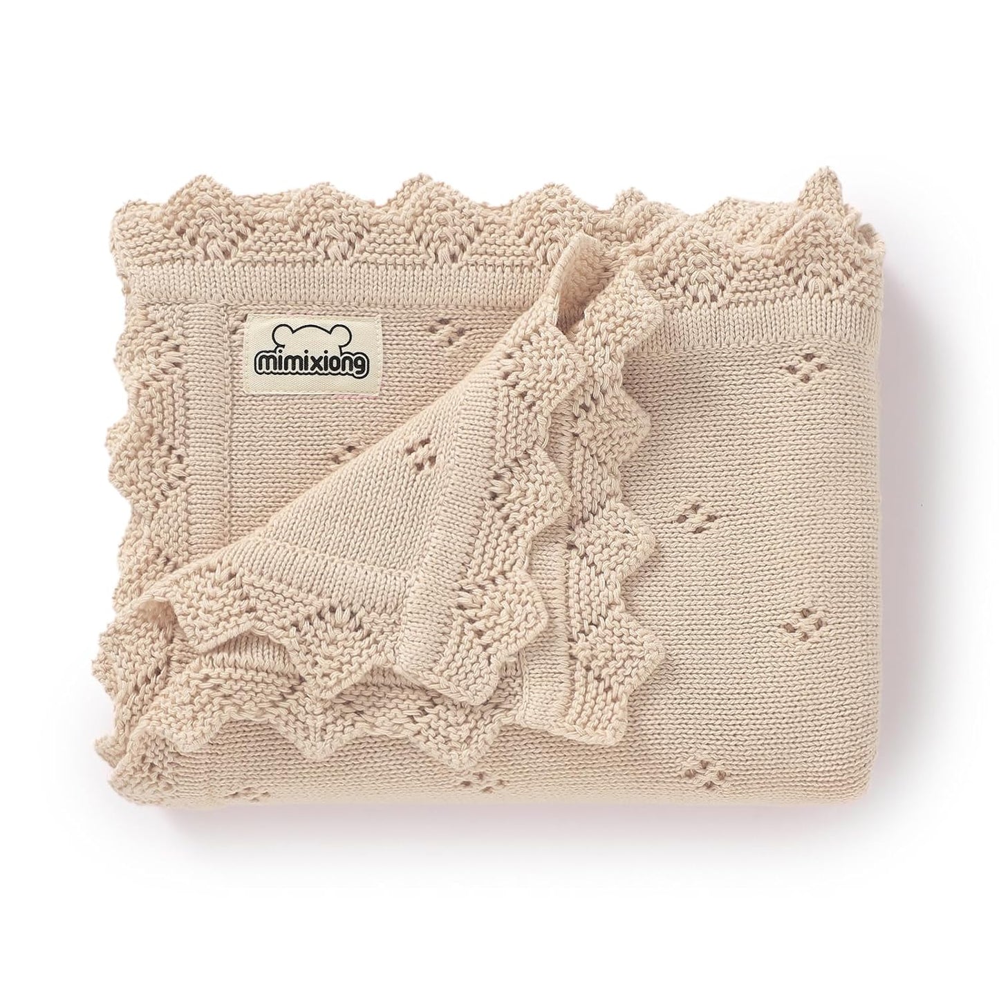 mimixiong Cotton Baby Blanket Knitted Crochet Receiving Crib Nursery Swaddling Blankets for Newborn Baby Boy Girl 30x40 Inch (Oatmeal)