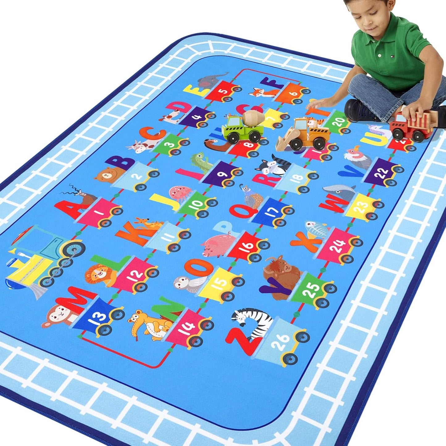 HiiARug Kids Carpet Playmat Rug ABC Alphabet, Numbers, Train and Road Themed Playing Educational Classroom Rug Fun Game Play Area Rug for Kids Bedroom, Toddler Classroom and Baby Playroom Decor