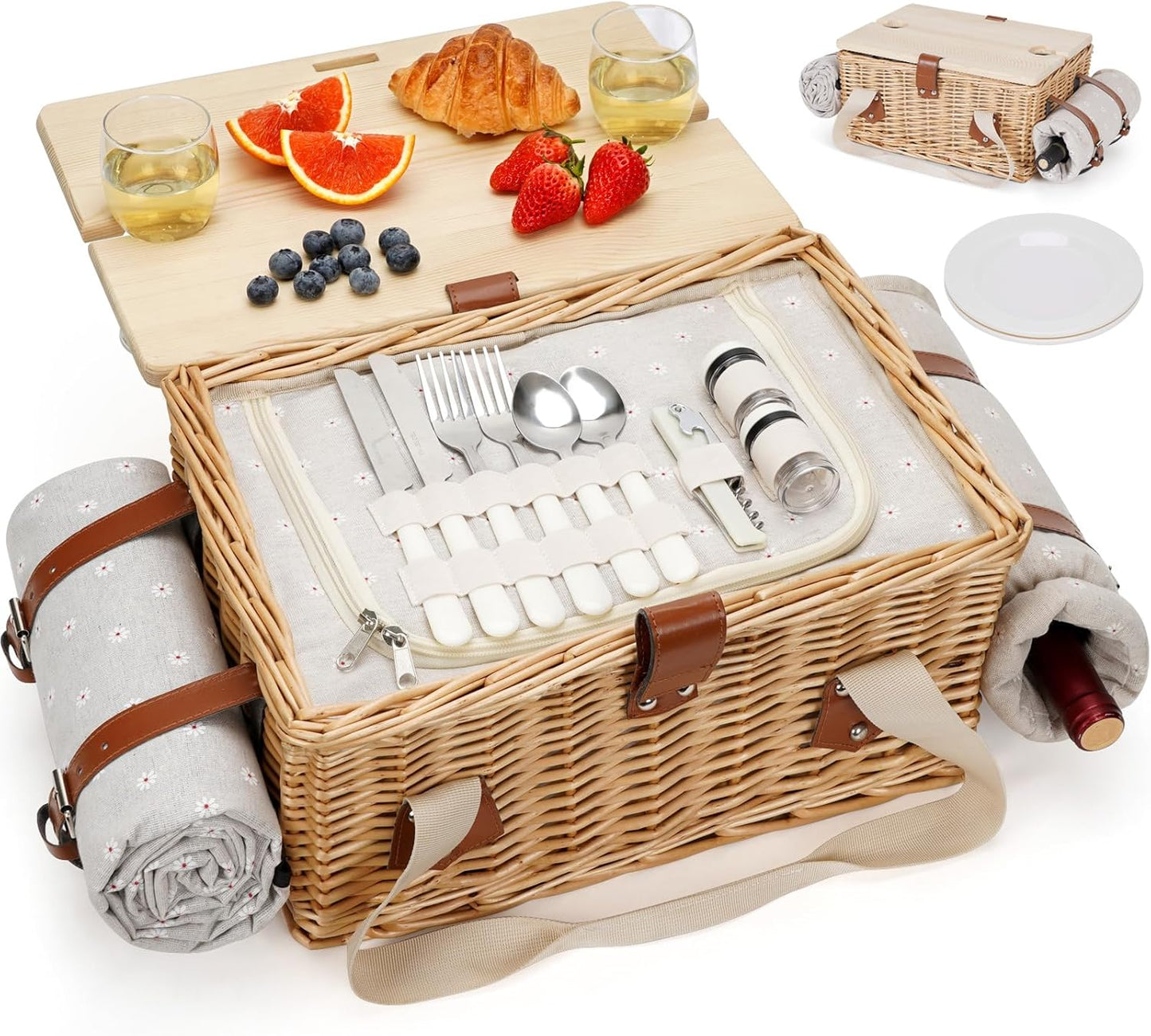 HappyPicnic Picnic Basket for 4, Handmade Wicker Picnic Set with Folding Table and Waterproof Blanket, Large Insulated Picnic Basket with Wine Bag & Cutlery Kit for Picnic, Camping, Holidays (Leaf)