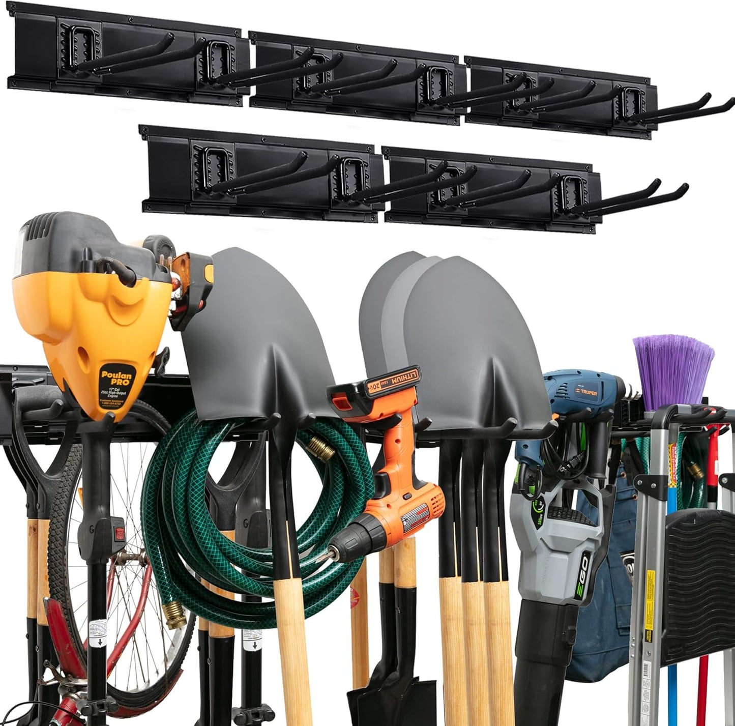 TIDYME Garage Tool Organizer Wall Mount - 48 inches - Sturdy Storage Rack with Adjustable Hooks, Anti-Rust - Easy Installation, 300lbs Capacity - Garden Tool Organizer (03 Racks & 06 Hooks)
