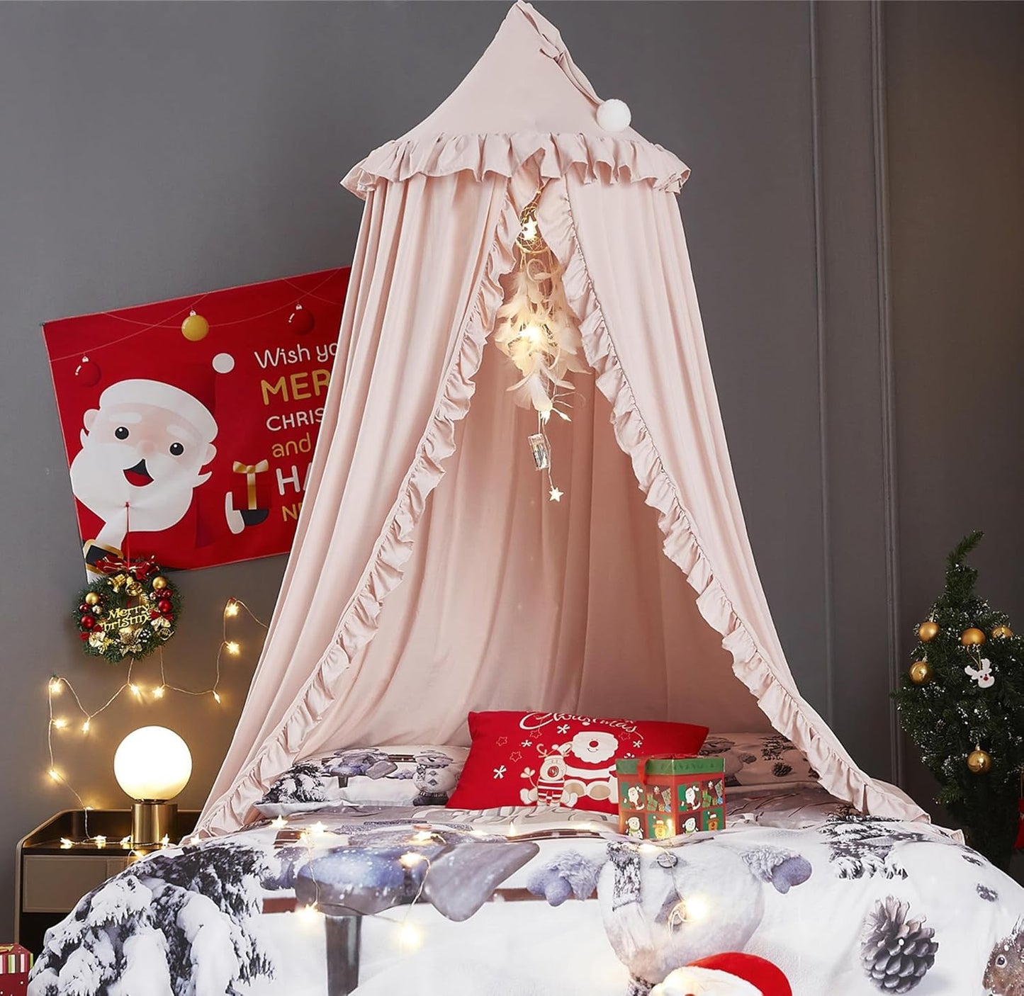 VETHIN Bed Canopy for Girls,Princess Round Dome Dreamy Mosquito Net Bedding Girls Room Castle Play Tent Hanging House Decor Reading Nook Canopies (JujubeRed)