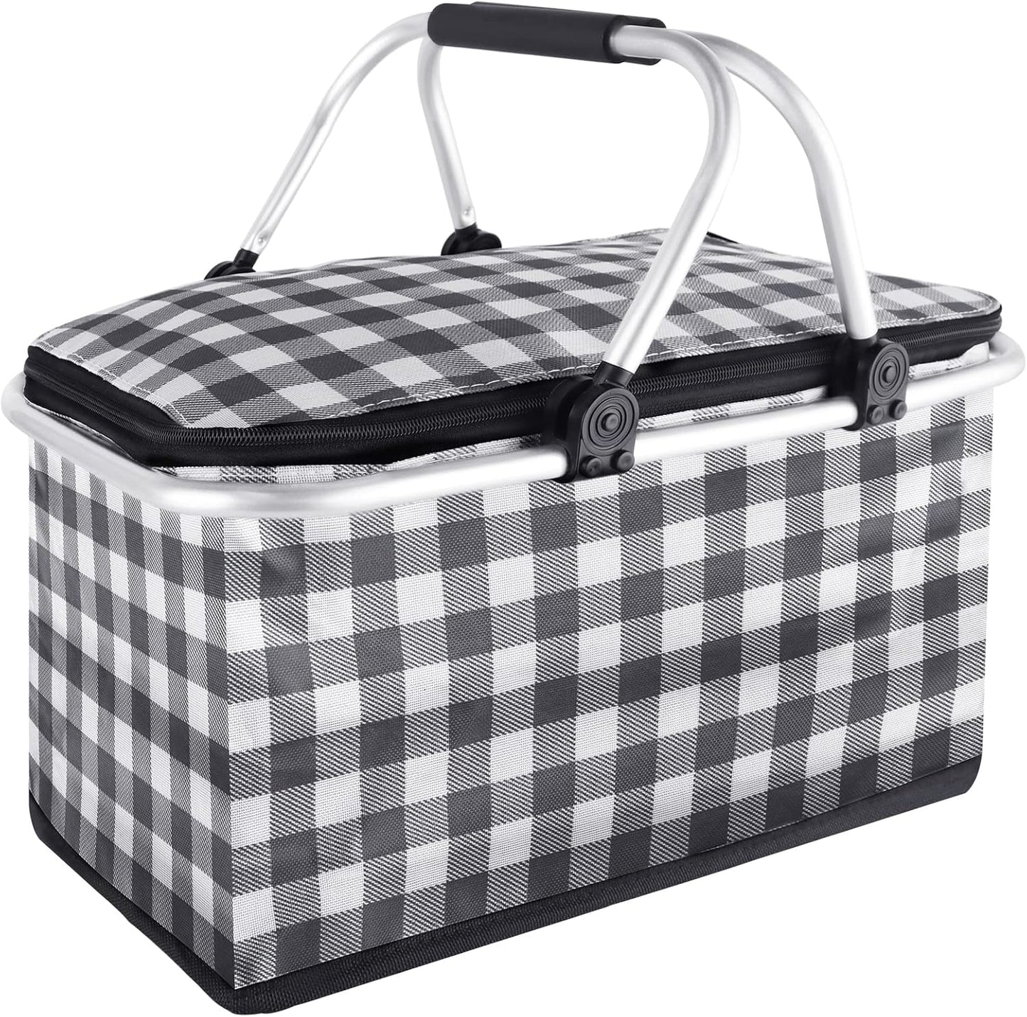 Insulated Picnic Basket,Leak-Proof Collapsible Cooler Bag,26L Grocery Basket with Lid,2 Sturdy Handles,Storage Basket for Picnic,Food Delivery,Take Outs,Market Shopping,Travel (Blue)