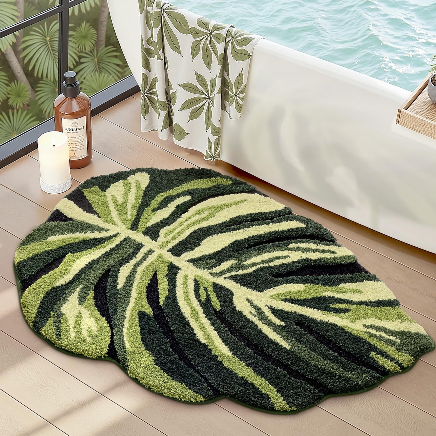 LUMI Cute Bathroom Rugs with Green Leaf Plant, Soft, Fluffy, Plush, Absorbent, Quick Dry, Non Slip, Machine Washable for Shower Floor, Bathroom, Bedroom, Kids Room, 31.5"x47", Monstera
