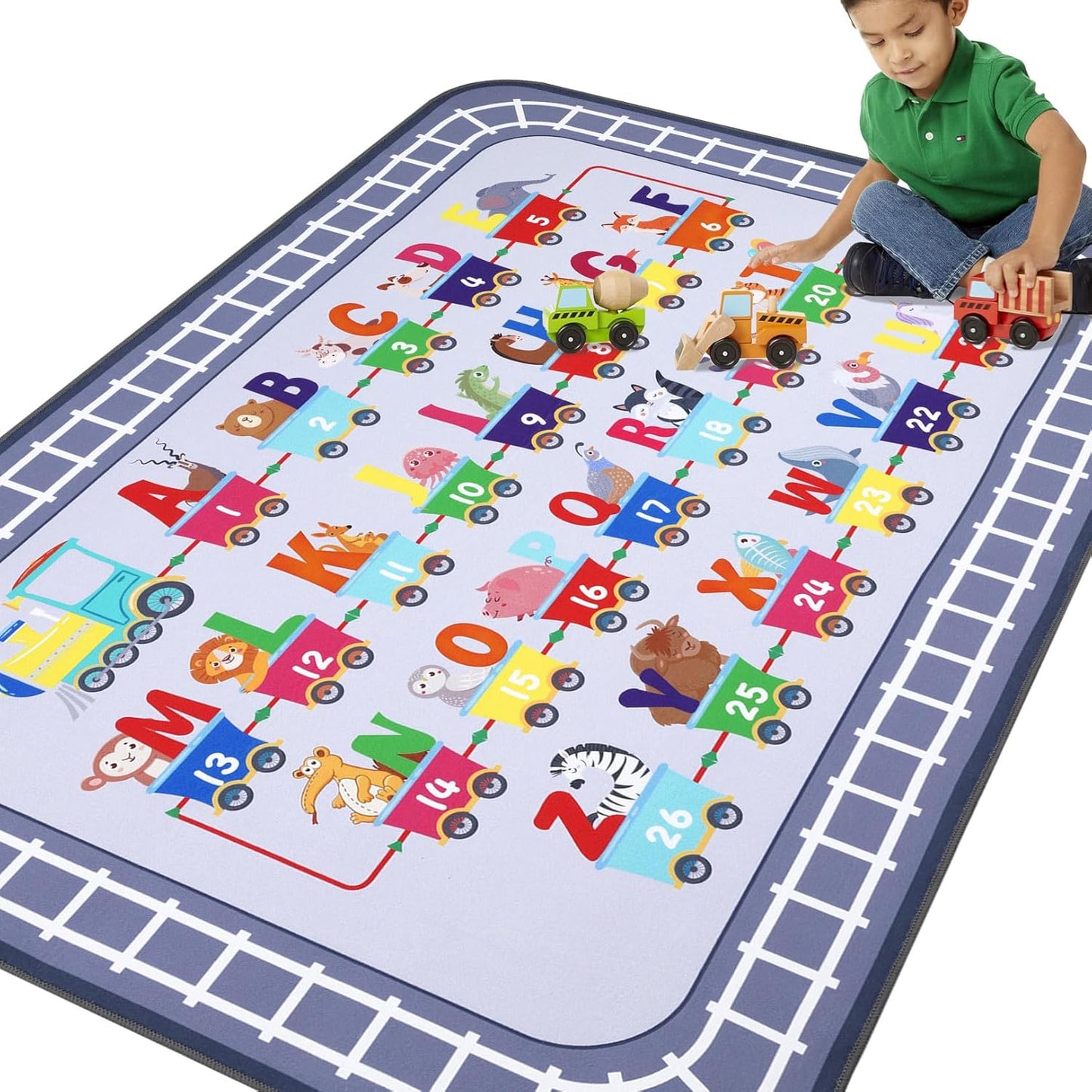 HiiARug Kids Carpet Playmat Rug ABC Alphabet, Numbers, Train and Road Themed Playing Educational Classroom Rug Fun Game Play Area Rug for Kids Bedroom, Toddler Classroom and Baby Playroom Decor