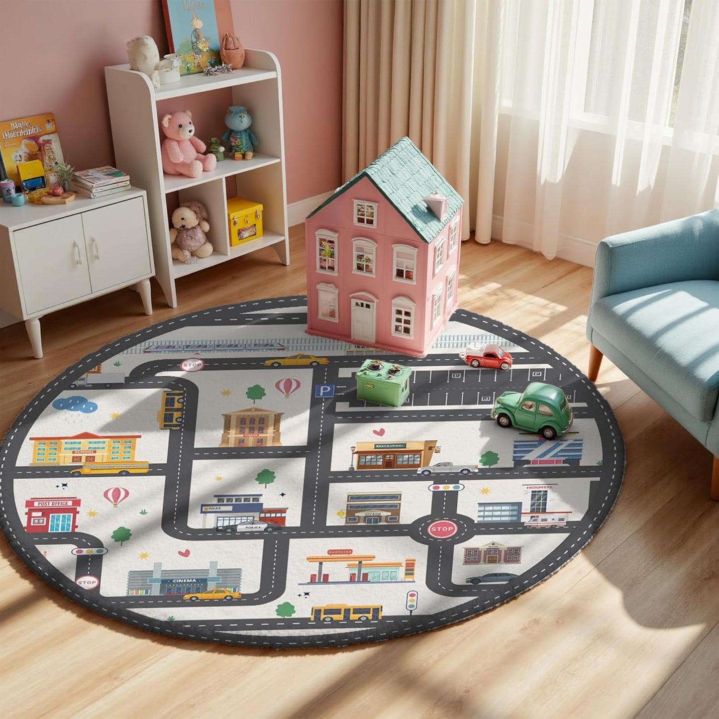 5x7ft Kids Town Road Play Rug - Non-Slip Faux Wool Carpet with Interactive City Map Design, Educational Toy Vehicle Mat for Kids, Bedroom Playroom Nursery Gift.