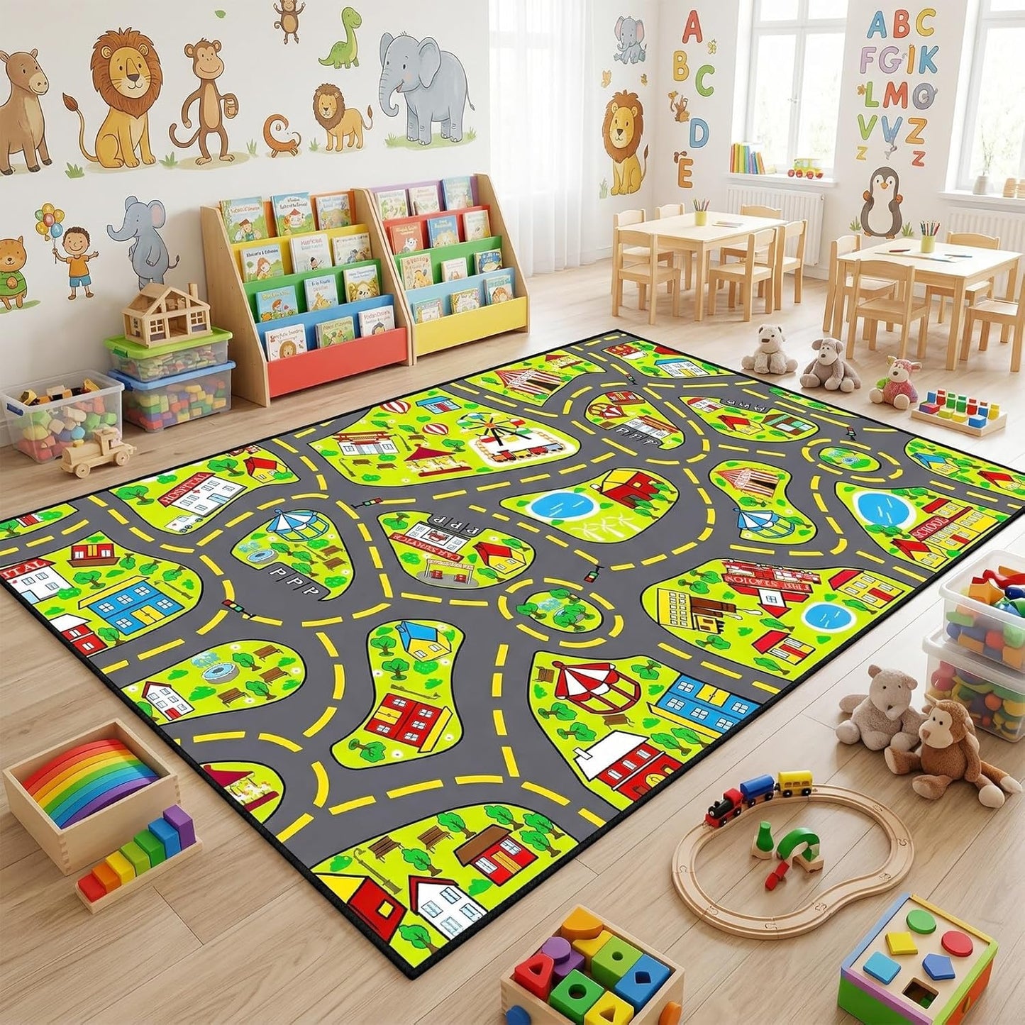 5x7 ft Kids Car Rug - Large Blue Traffic Road Play Mat for Cars, Educational City Play Carpet for Playroom, Nursery & Bedroom Decor