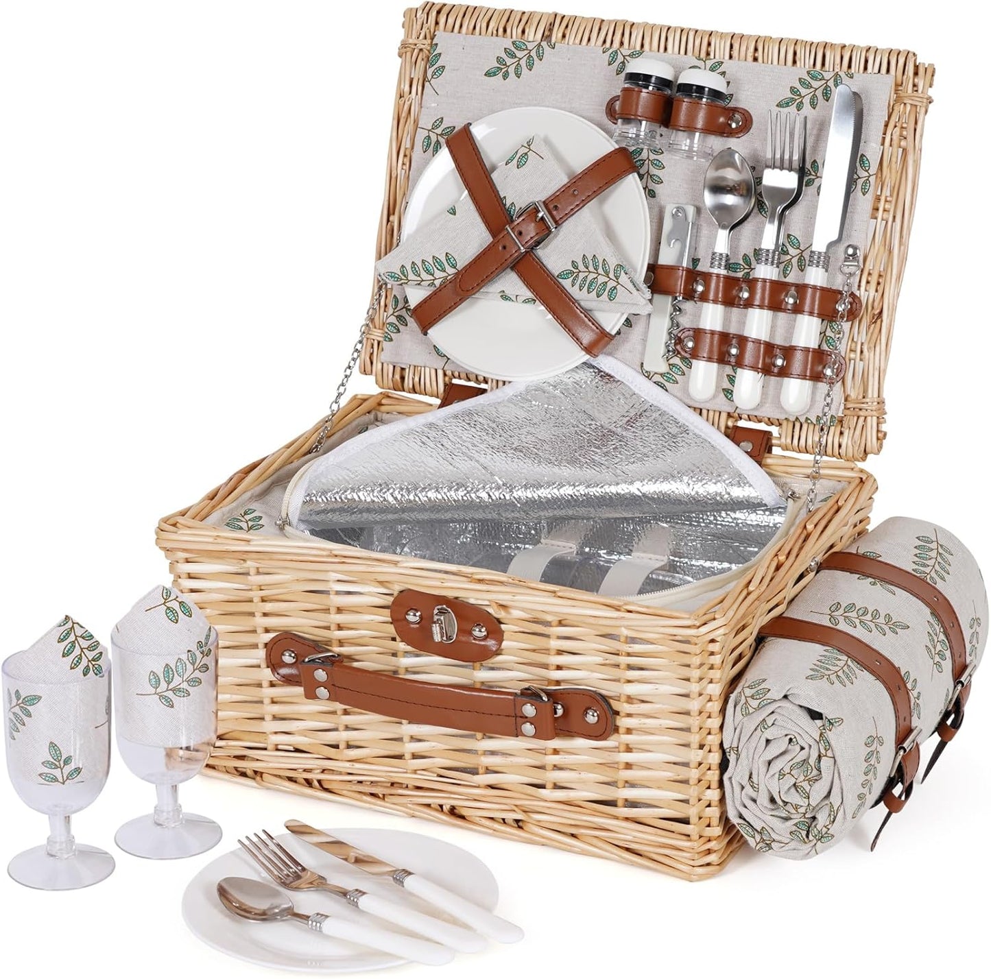 HappyPicnic Picnic Basket Set for 2 - Wicker Picnic Basket with Waterproof Blanket & Insulated Liner, Large Handmade Willow Hamper with Cutlery Kit for Outdoor, Picnic, Camping, Party, Holidays (Red)
