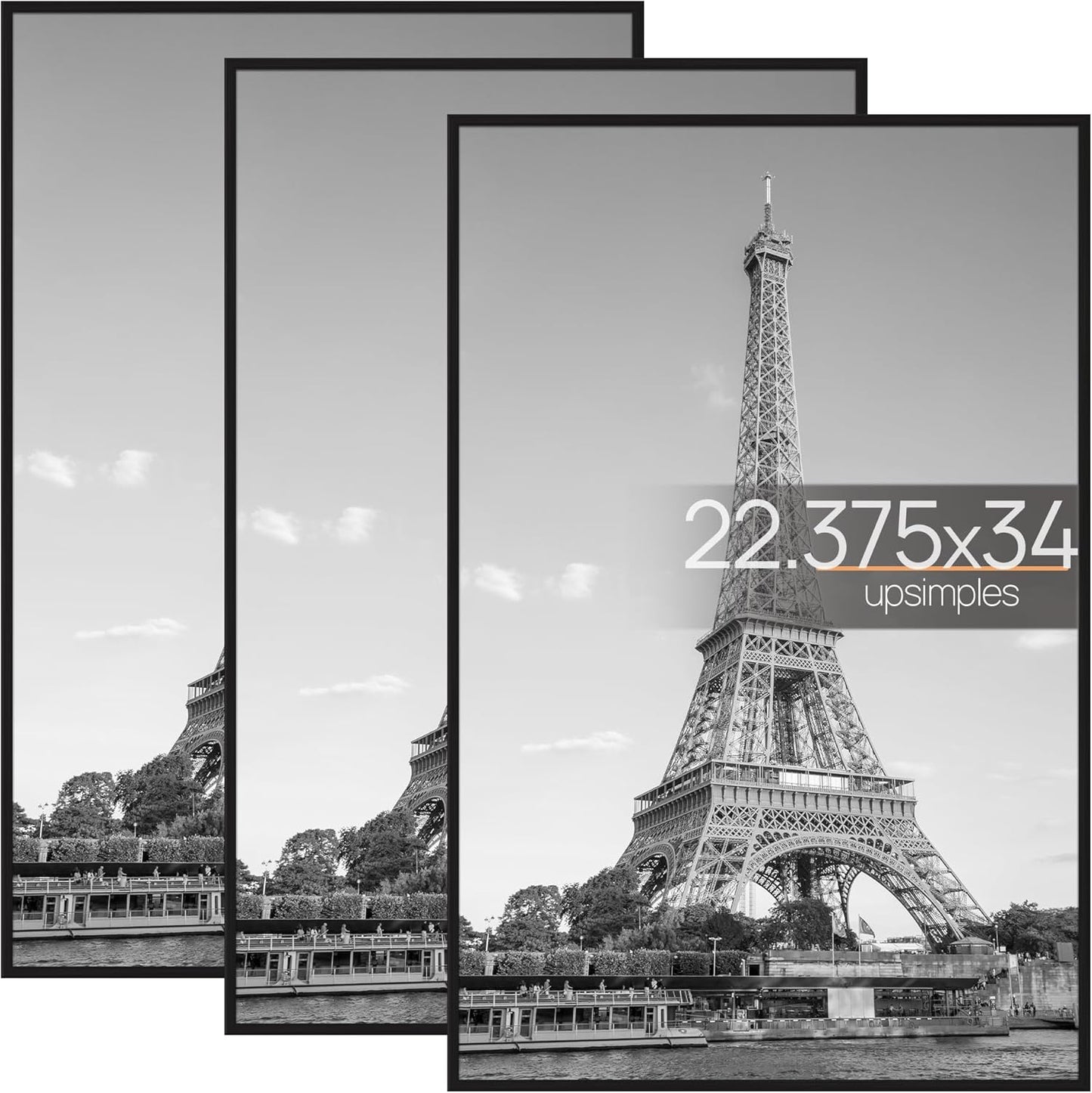 upsimples 16x24 Picture Frame Black 3 Pack, Scratch-Proof Poster Frames 16 x 24 for Photo Gallery - Slide-In Strips, Horizontal or Vertical Wall Mounting