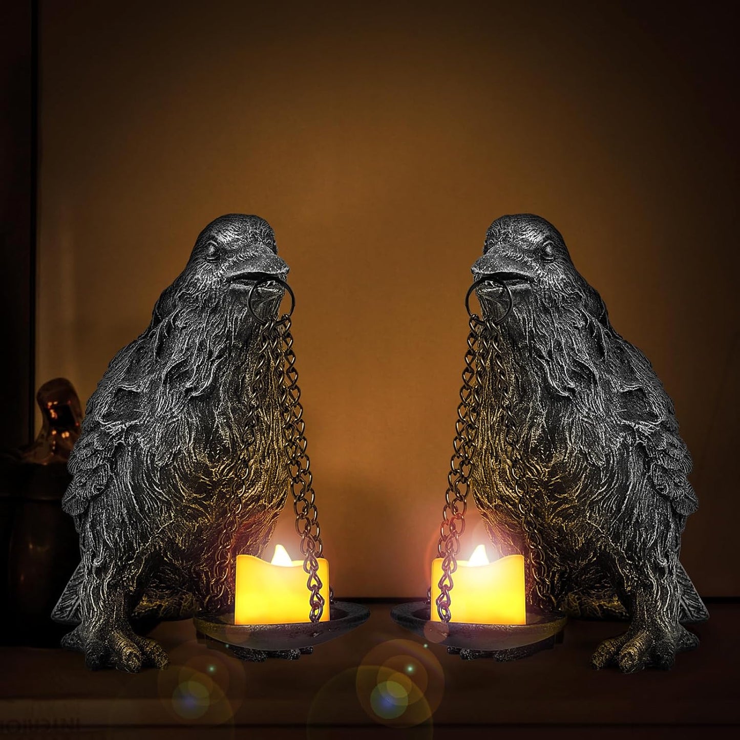 Gothic Crow Lamp with Tealight Candle Holder Resin Raven Decor Statue Gothic Home Decor for Bedroom Unique Goth Gifts Black