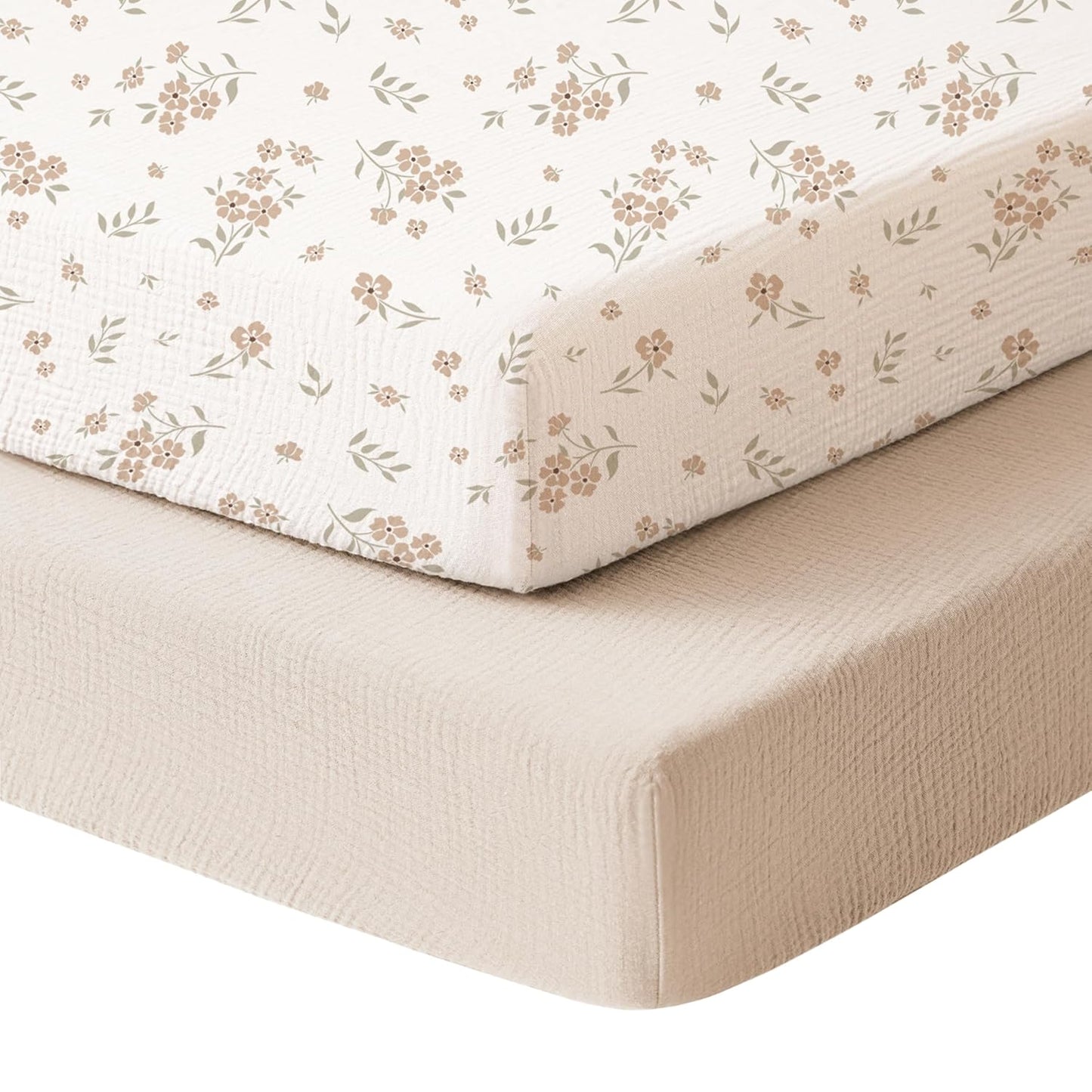 Konssy Muslin Crib Sheets for Girl Boy, 2 PCS Soft and Breathable Cotton Baby Sheets for Standard Crib Mattress, 52"x 28" (Floral, Pink)