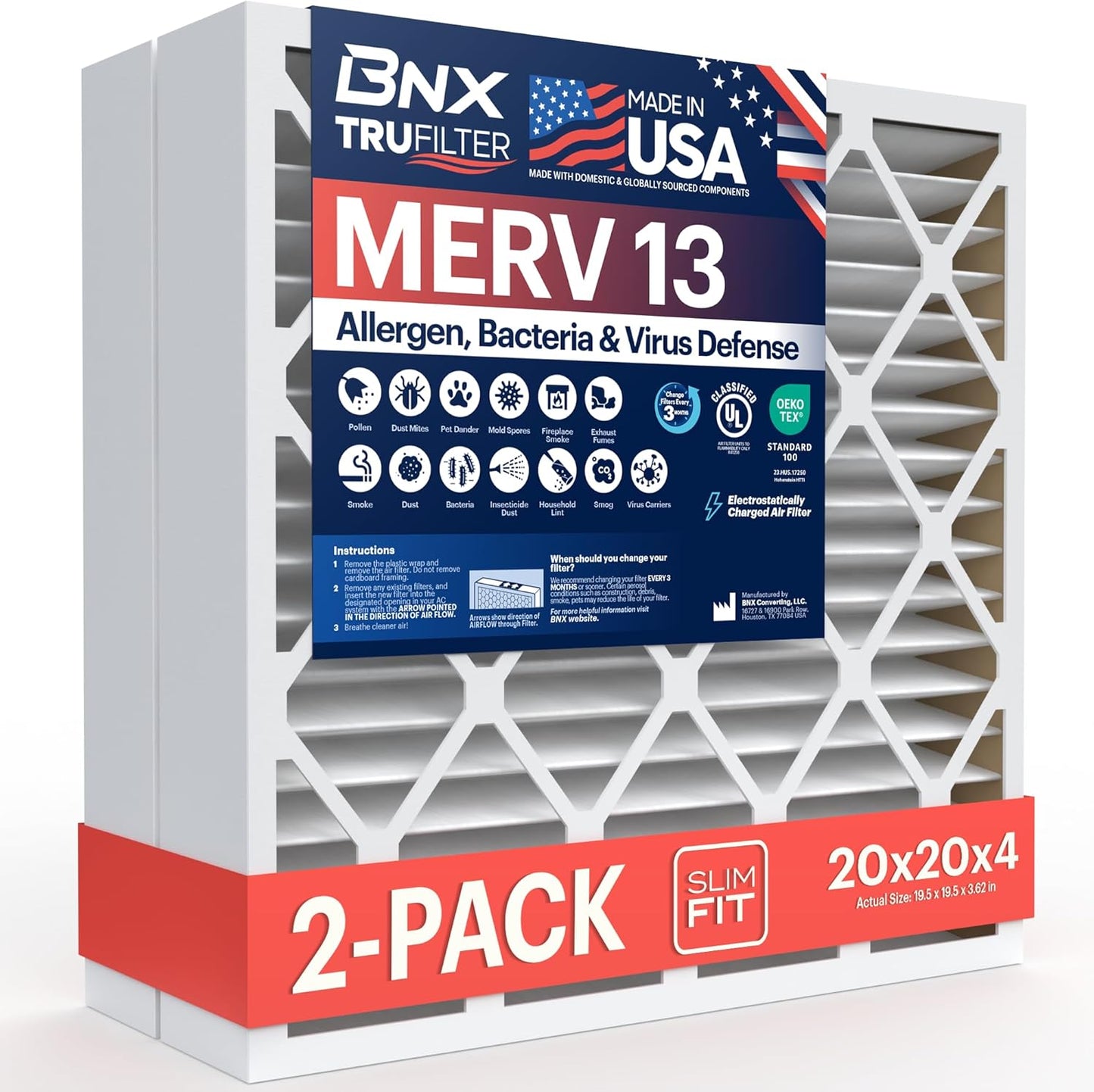 BNX TruFilter 20x20x1 MERV 13 (4-Pack) AC Furnace Air Filter - MADE IN USA - Electrostatic Pleated Air Conditioner HVAC AC Furnace Filters - Removes Pollen, Mold, Bacteria, Smoke