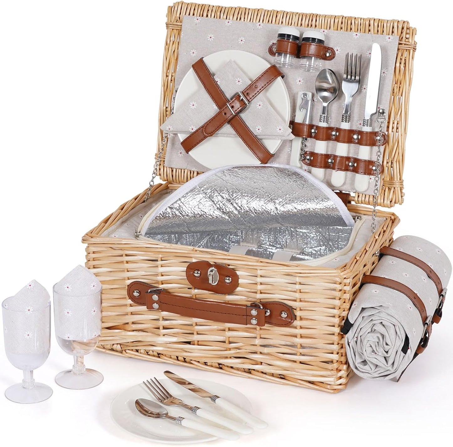 HappyPicnic Picnic Basket Set for 2 - Wicker Picnic Basket with Waterproof Blanket & Insulated Liner, Large Handmade Willow Hamper with Cutlery Kit for Outdoor, Picnic, Camping, Party, Holidays (Red)