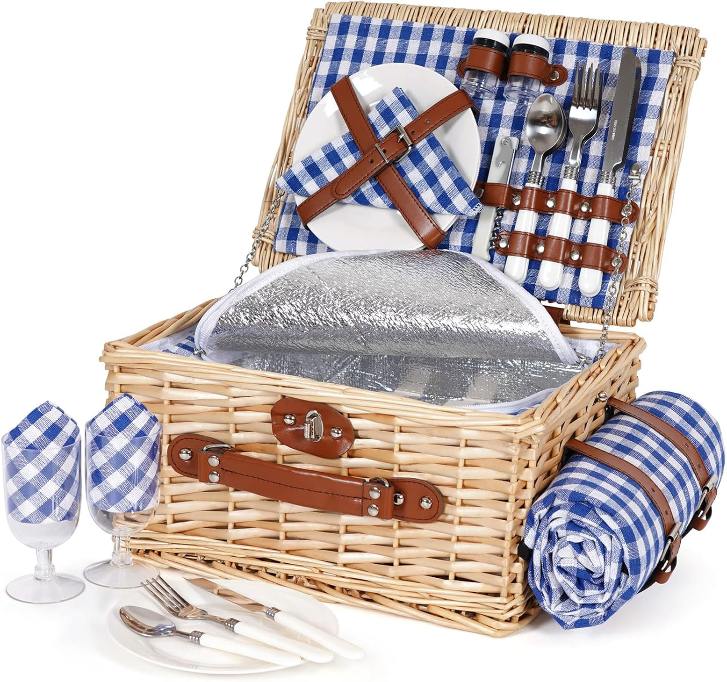HappyPicnic Picnic Basket Set for 2 - Wicker Picnic Basket with Waterproof Blanket & Insulated Liner, Large Handmade Willow Hamper with Cutlery Kit for Outdoor, Picnic, Camping, Party, Holidays (Red)
