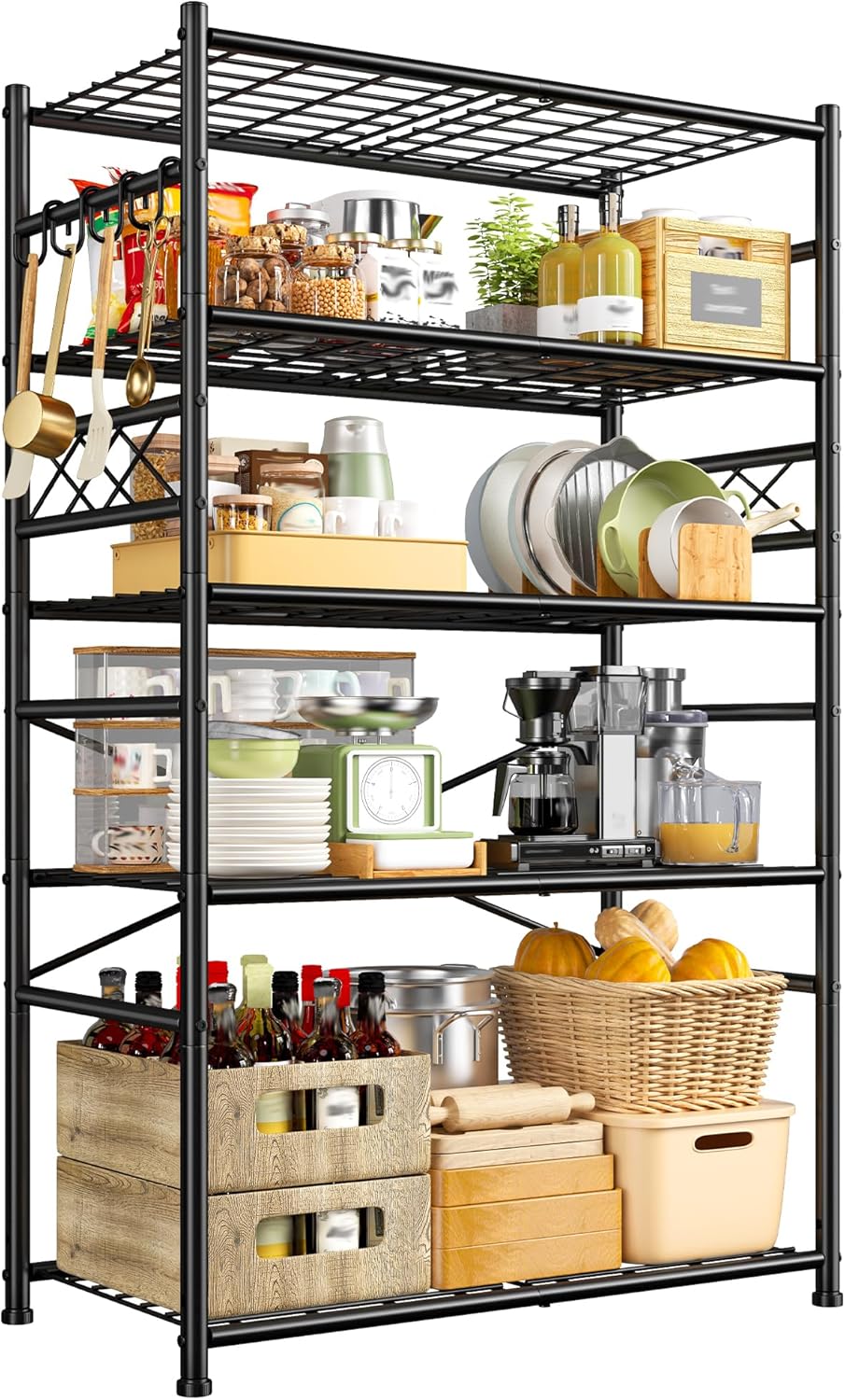 Storage Shelves 5-Tier Large Capacity Wire Shelving with Hooks, Heavy Duty Garage Shelving Unit with Leveling Feet, Stable Metal Shelf for Pantry, Kitchen and Closet, 72" H x 36" W x 12" D, Black