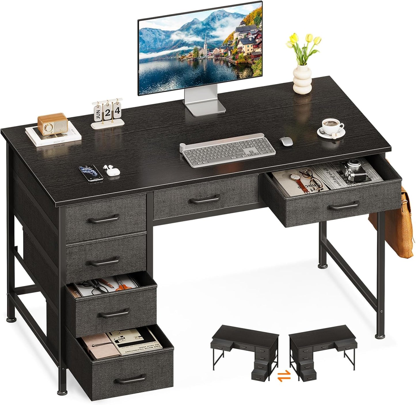 ODK Computer Desk with 6 Drawers, 40 Inch Small Desk with Storage, Reversible Desk with Headphone Hook for Home Office, Work Study Table for Bedroom, White