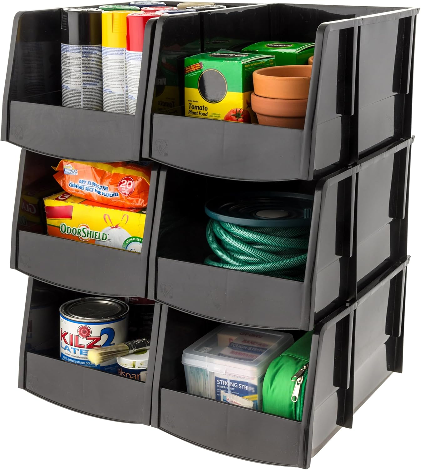 IRIS USA Large Stackable Storage Bins, 8-Pack, 13"L x 6"W x 5"H, |Made in USA|, Plastic Open Front Shelf Bin for Organizing Parts, Hardware, Tools, Supplies, Garage Shelf, Pantry - Black