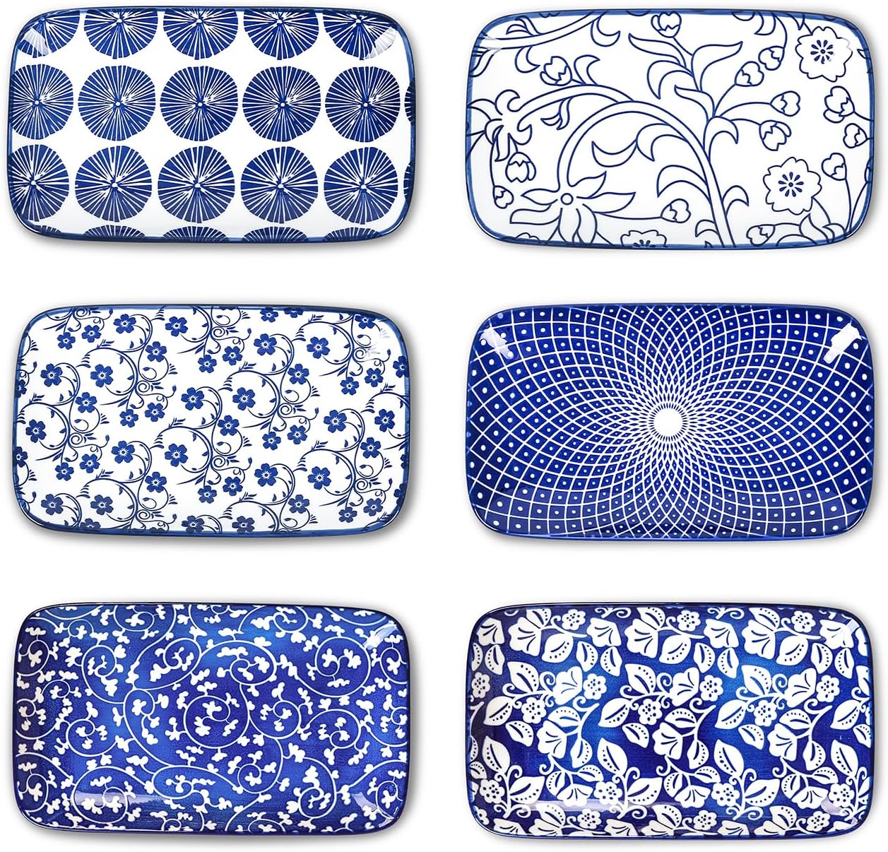 Selamica Ceramic 8 inch Rectangular Salad Plates, Dinner Plates, Pasta Dessert Plates for Appetizer, Sushi, Fruit - Microwave/oven/Dishwasher Safe, Set of 6, Vintage Blue