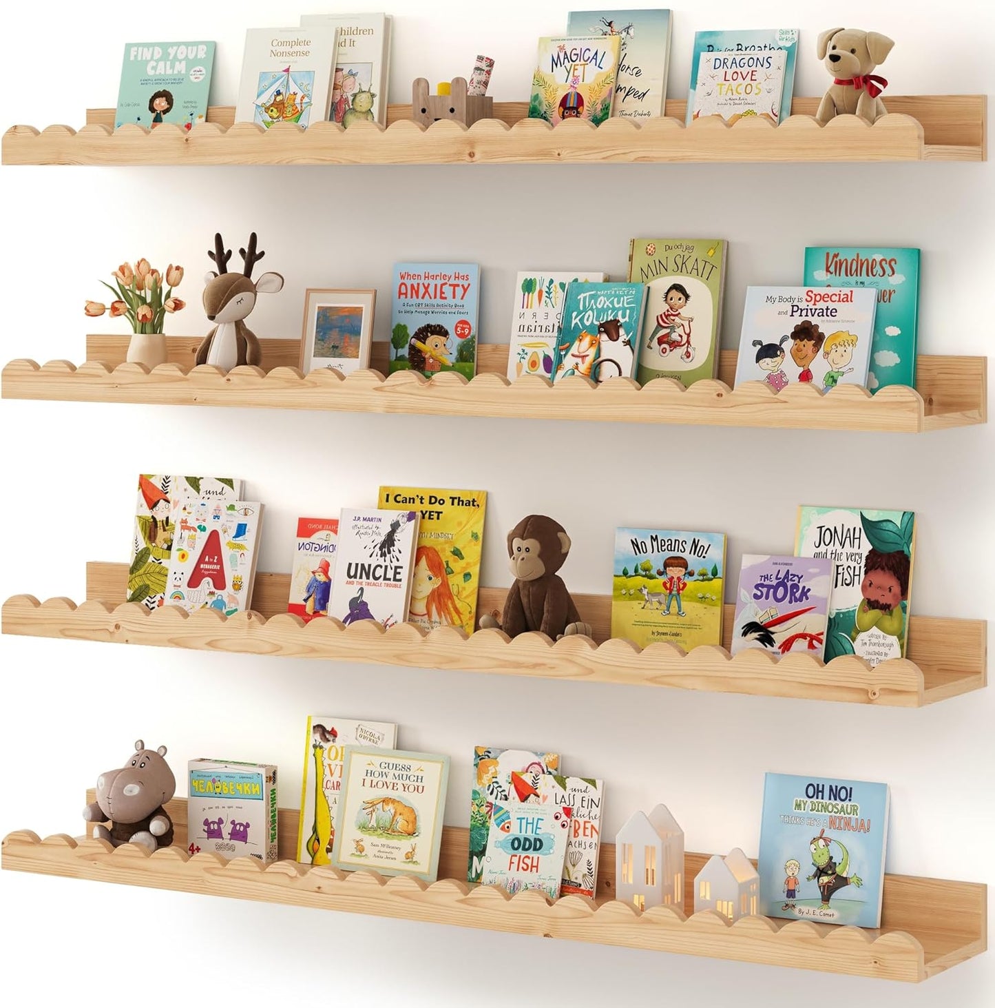 Shario Nursery Book Shelves, 4-Pack White Floating Shelves for Wall Kids, Scalloped Shelves, Wall Book Shelves for Bedroom Kids, Toddler Room, Baby Room, Nursery Decor
