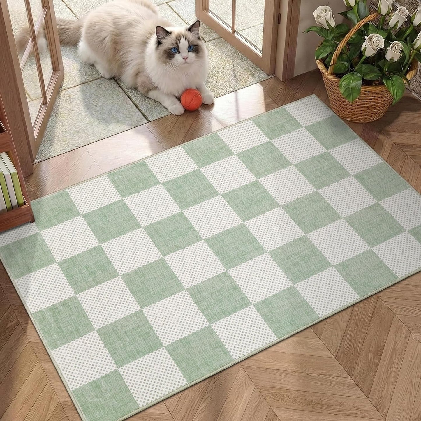Checkered Sage Green 4x6 Washable Rug Geometric Diamond Dot Modern Soft Low-Pile Girls Small Rug for Bedroom Nursery Living Room Entryway Non-Slip TPE Backing