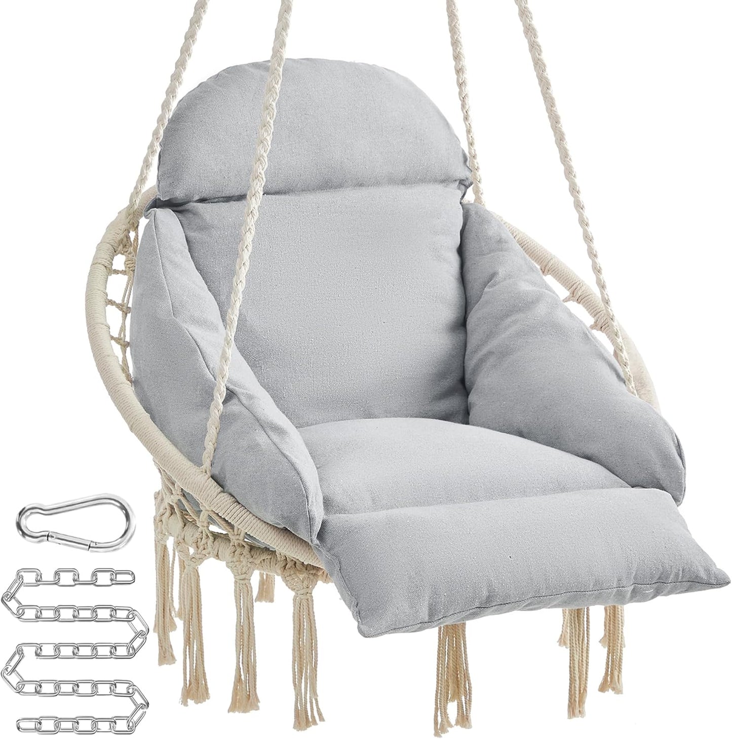 SONGMICS Hanging Chair, Hammock Chair with Large, Thick Cushion, Boho Swing Chair for Bedroom, Patio, Balcony, Garden, Holds up to 264 lb, Accessories Included, Cream White UGDC042M01