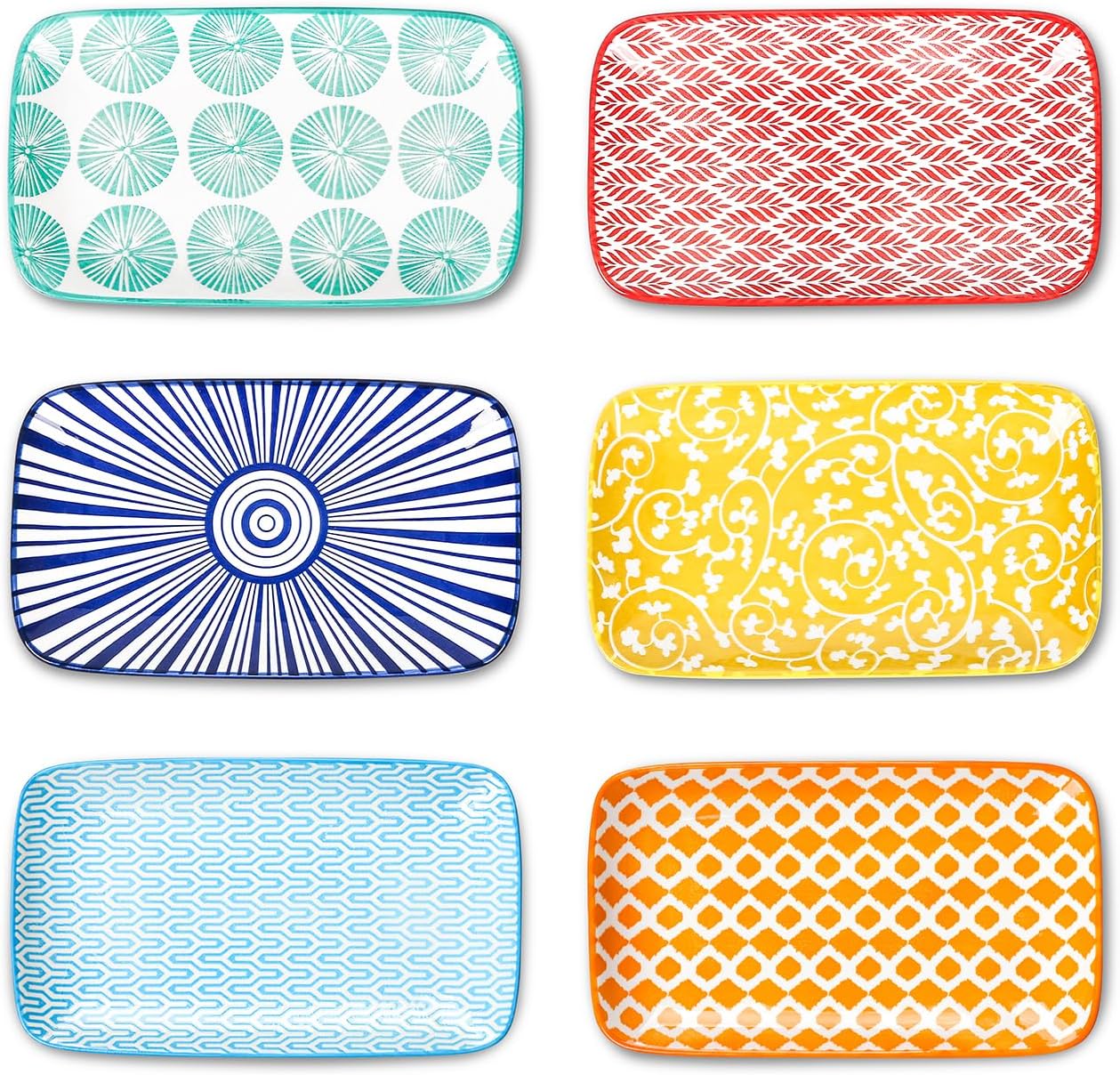 Selamica Ceramic 8 inch Rectangular Salad Plates, Dinner Plates, Pasta Dessert Plates for Appetizer, Sushi, Fruit - Microwave/oven/Dishwasher Safe, Set of 6, Vintage Blue