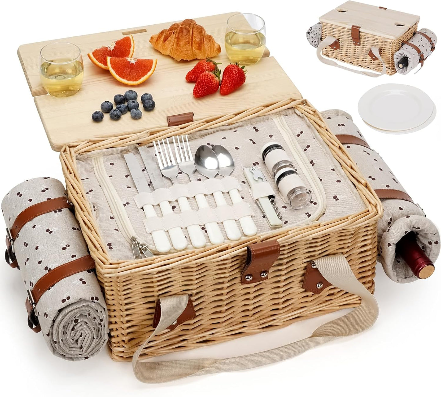 HappyPicnic Picnic Basket for 4, Handmade Wicker Picnic Set with Folding Table and Waterproof Blanket, Large Insulated Picnic Basket with Wine Bag & Cutlery Kit for Picnic, Camping, Holidays (Leaf)