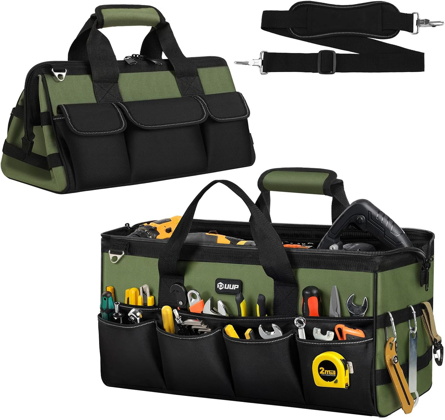 Heavy Duty Tool Bag 15-Inch, 16-Pocket Portable Empty Tool Box Organizer, Big Storage Toolbox Organization, Soft Handle Large Zipper Carrying Toolbag, Father Day Gifts for Him Dad Men, Green