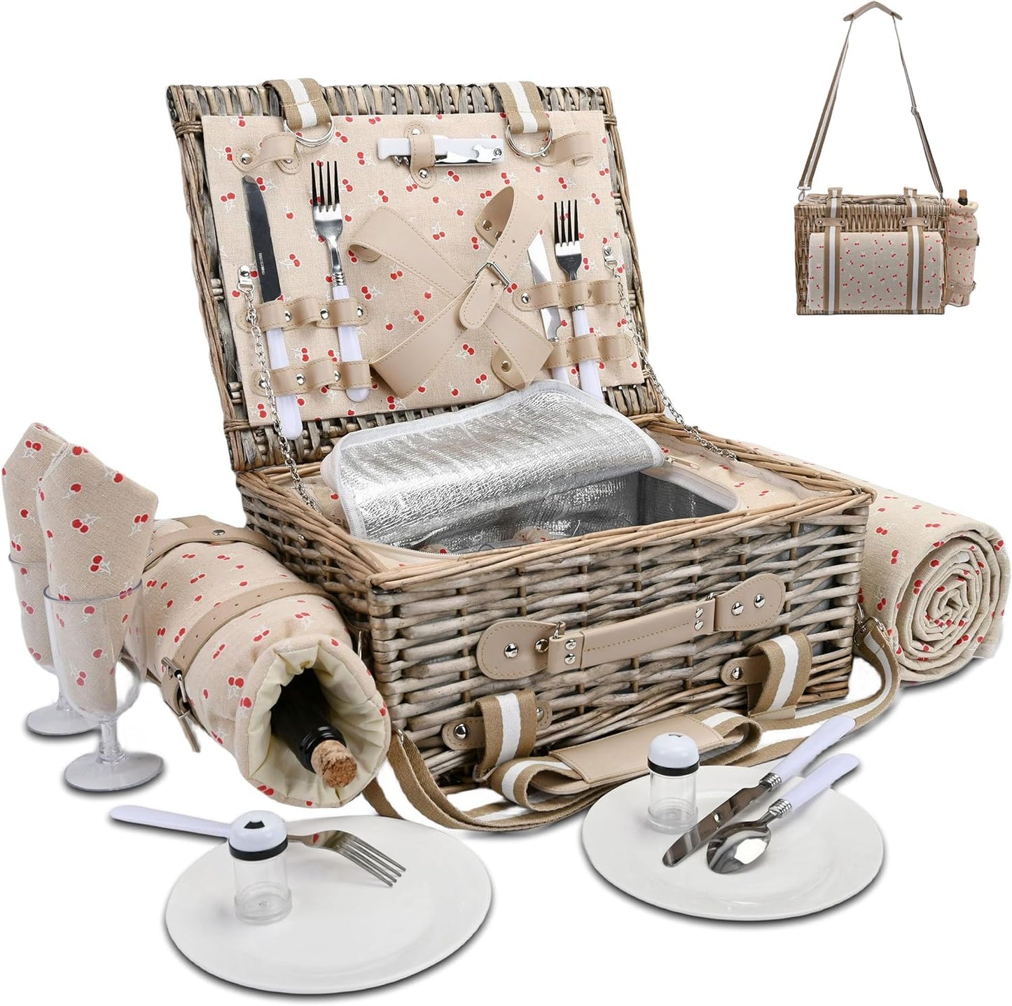 31Pcs Picnic Basket Set for 4 with Insulated Liner and Waterproof Blanket Wine Pouch, Large Wicker Picnic Hamper for Camping,Outdoor,Valentine Birthday Christmas for Couples
